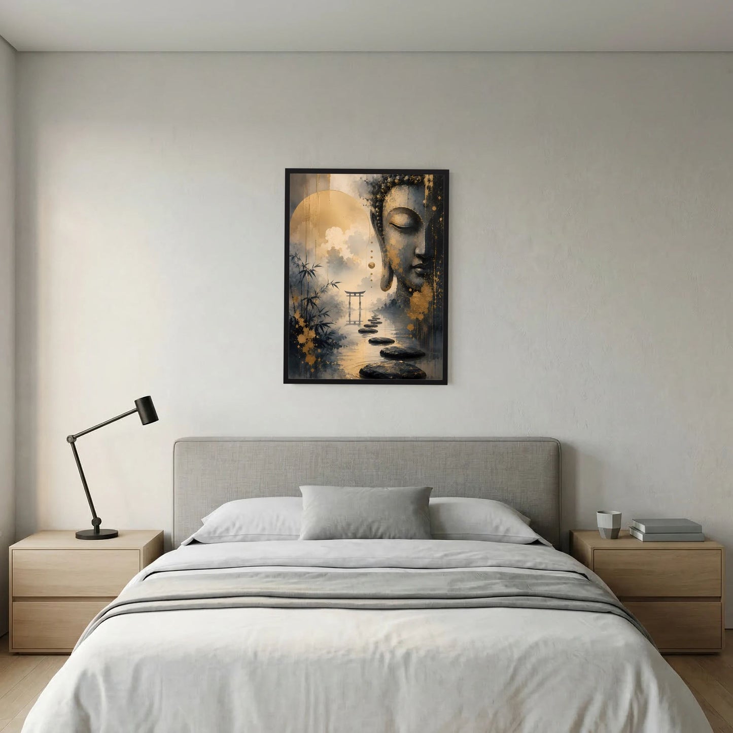Wandposter im Hochformat: Buddha-Gesicht in Gold und Schwarz, Baum- und Wasserlandschaft, schwarz gerahmt