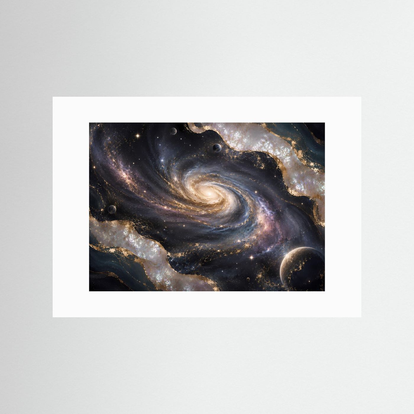 Poster im Querformat mit Spiralgalaxie, dunkelblauem All und goldenen Planeten, weißes Passepartout