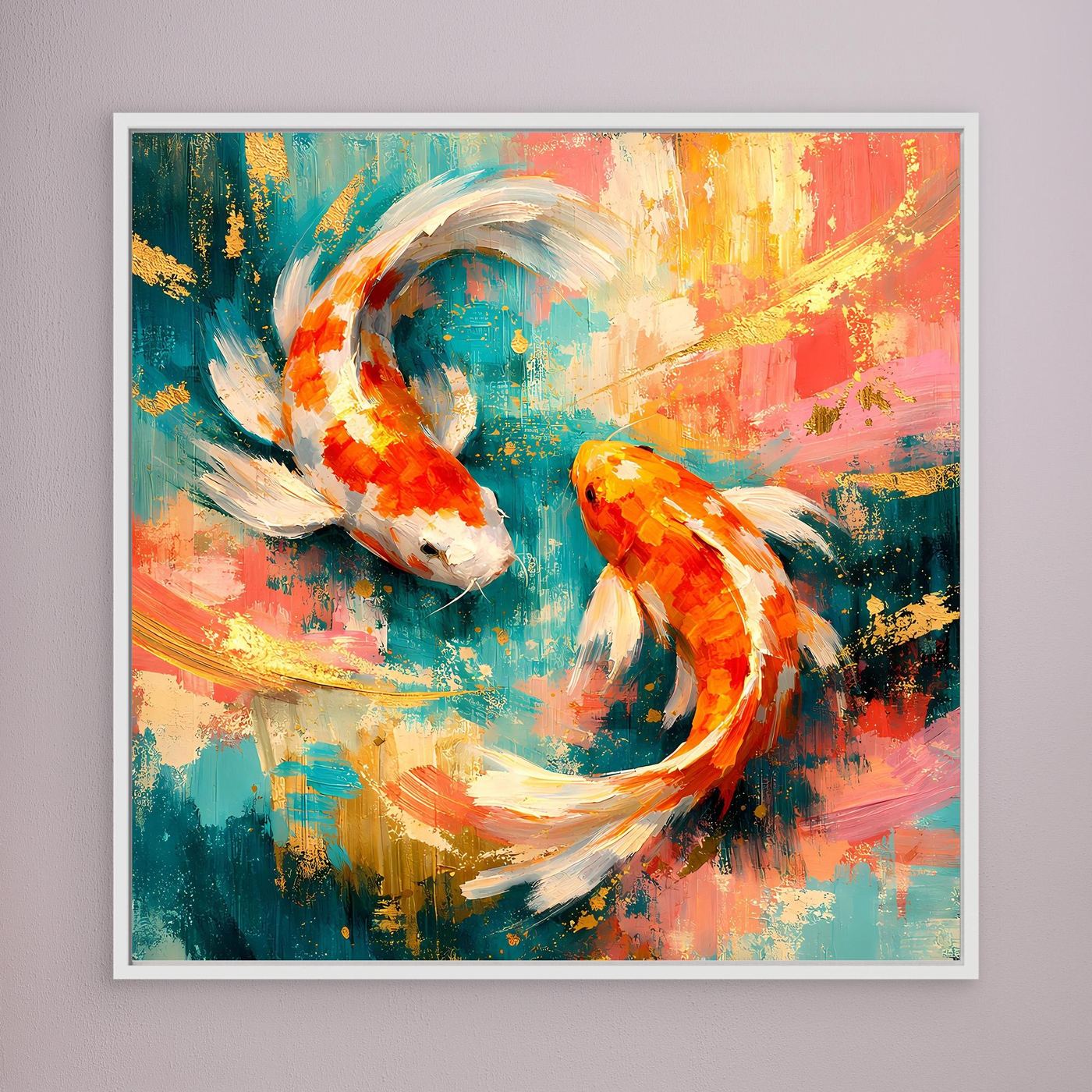 Leinwandbild mit abstrakten Koi-Fischen, weißer Rahmen, farbiges Gold-Design im Yin-Yang-Stil