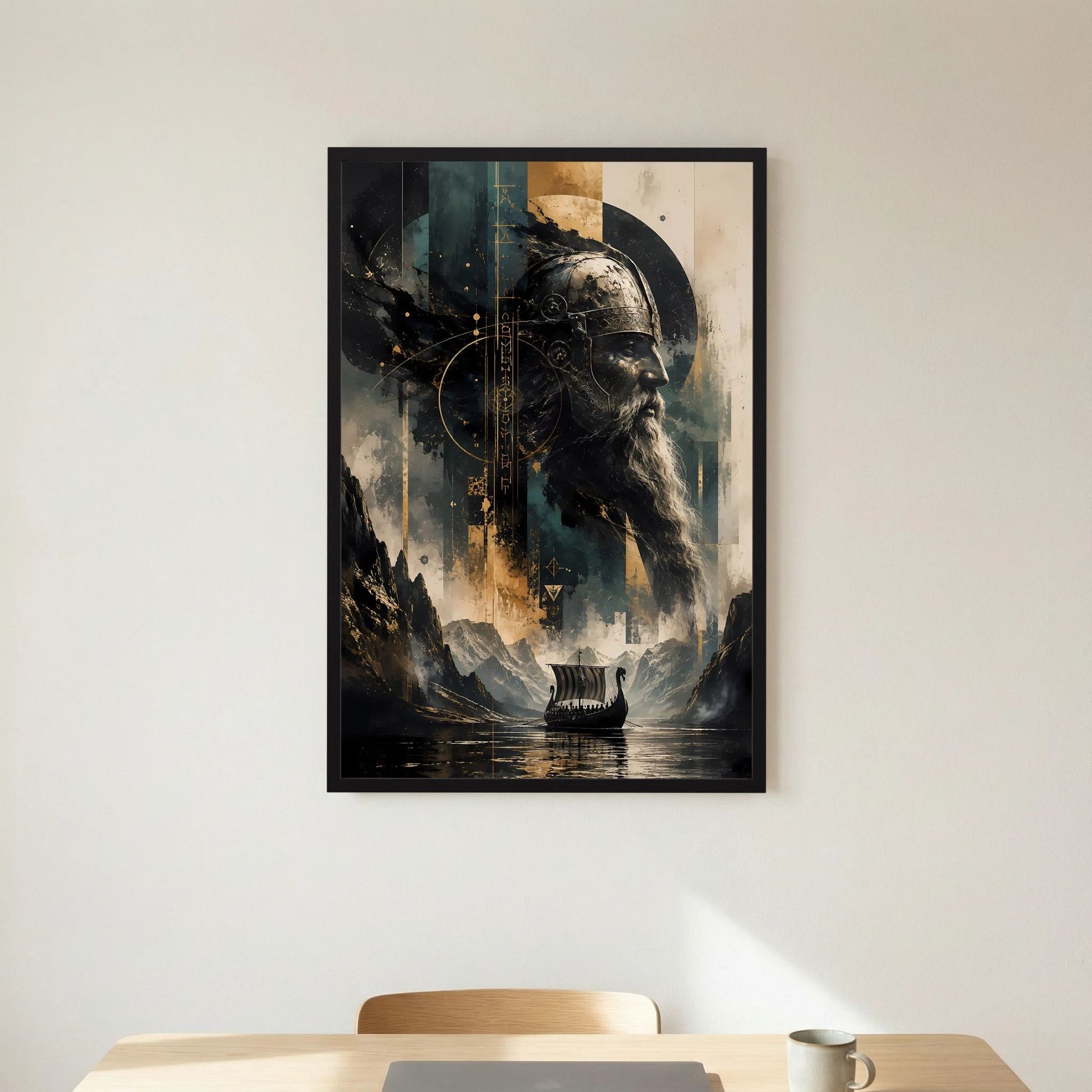 Hochformat-Poster mit nordischem Krieger und Langschiff im schwarzen Rahmen