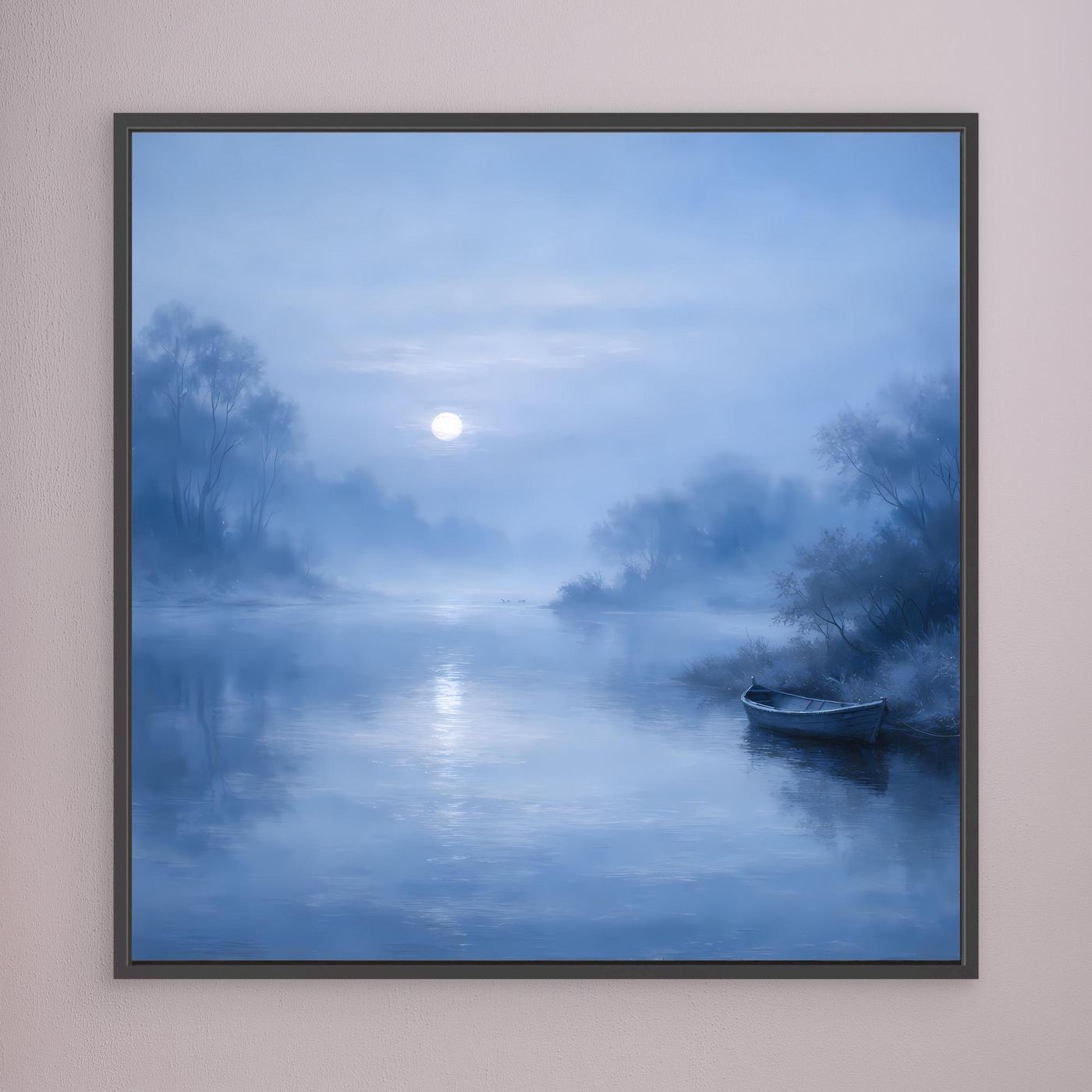 Blaues Leinwandbild mit Mondschein am Fluss und Boot, schwarzer Rahmen