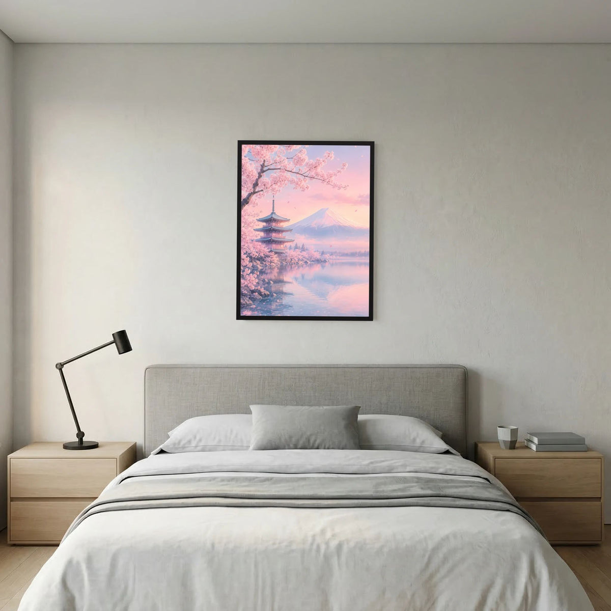 Hochformat-Poster mit Kirschblüten, Fuji und Pagode in Pastellrosa, schwarz gerahmt
