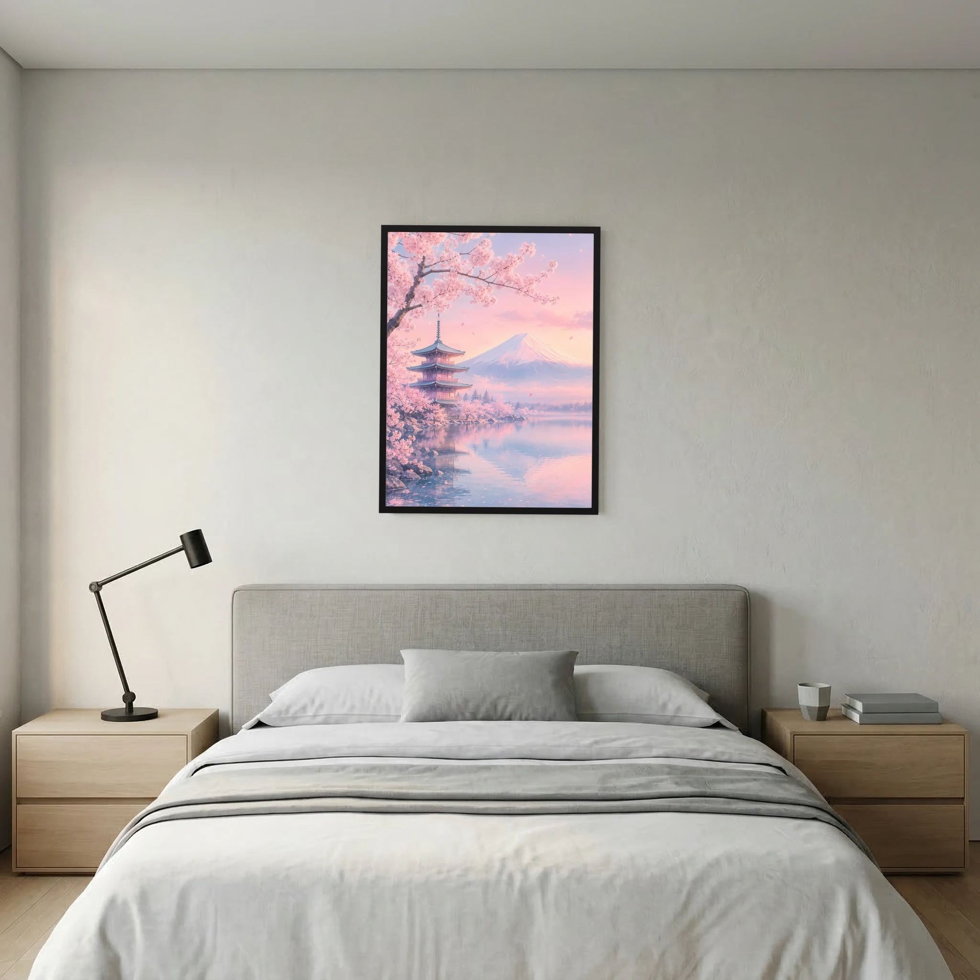 Hochformat-Poster mit Kirschblüten, Fuji und Pagode in Pastellrosa, schwarz gerahmt