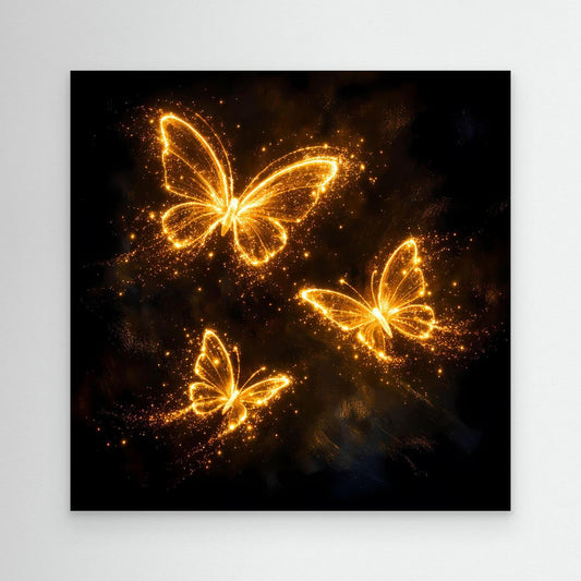 Canvas wall art with glowing gold butterflies on a dark abstract background
