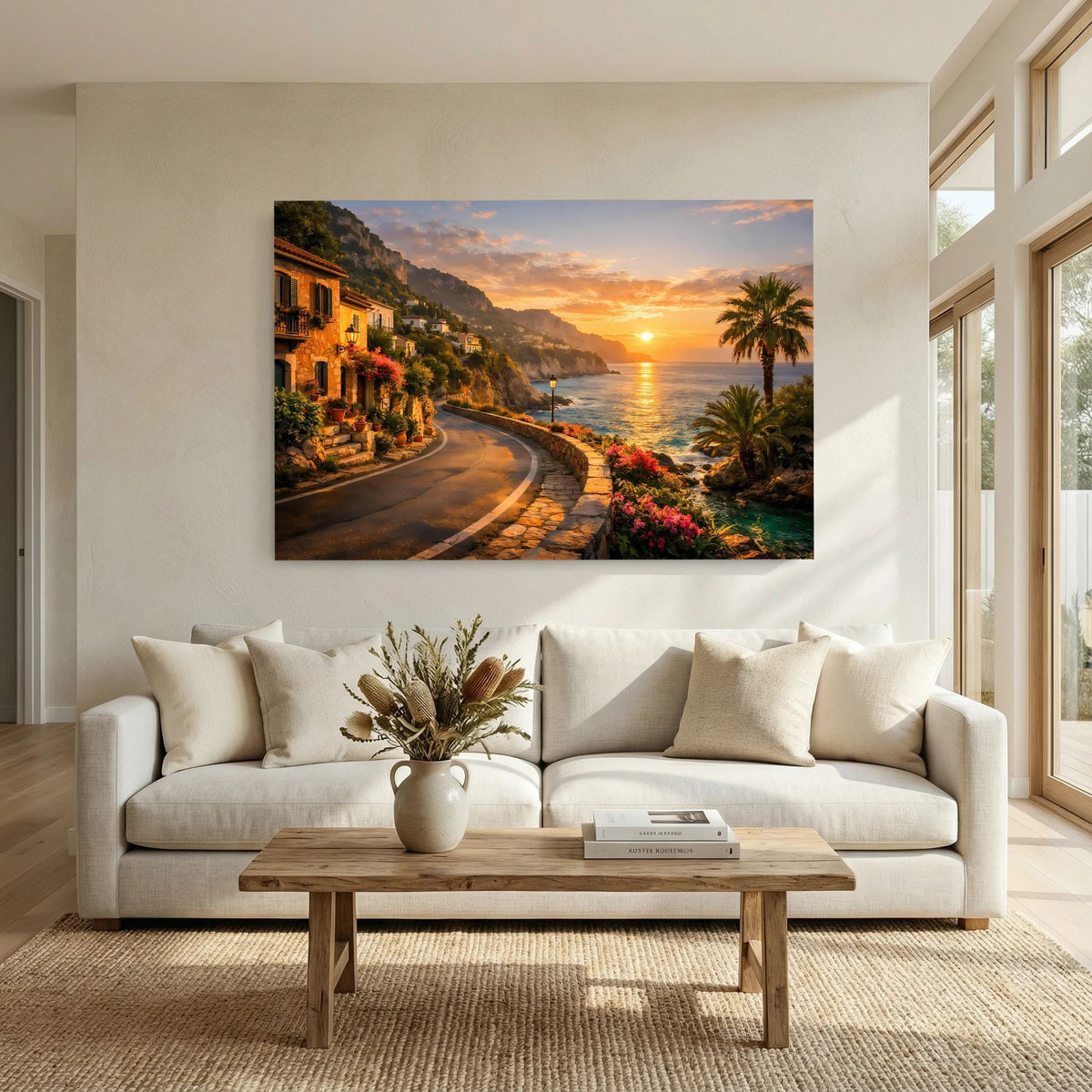 Wandbild im Querformat mit Küstenstraße, Wasser und Palmen im Sonnenuntergang