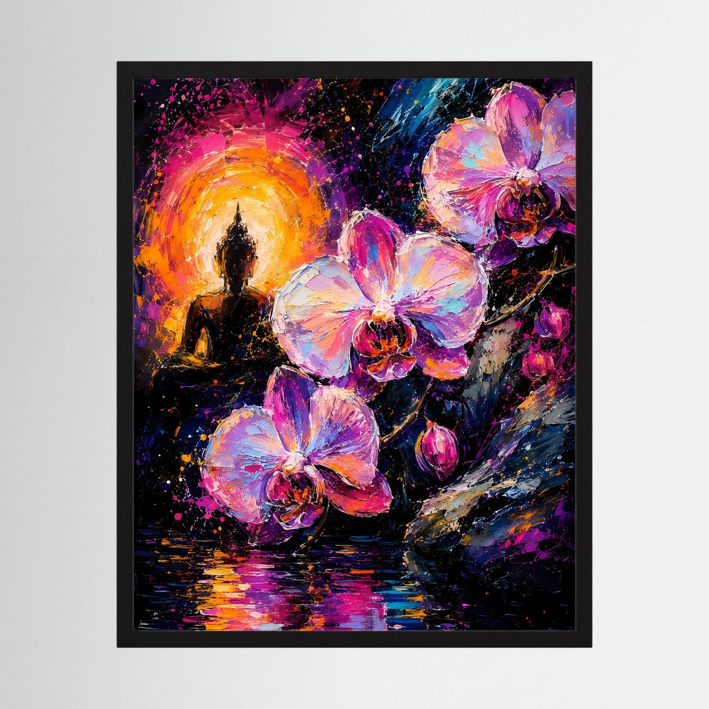 Neon-Poster mit schwarzem Rahmen: Buddha-Silhouette, Orchideen in Pink und Violett, goldene Aura