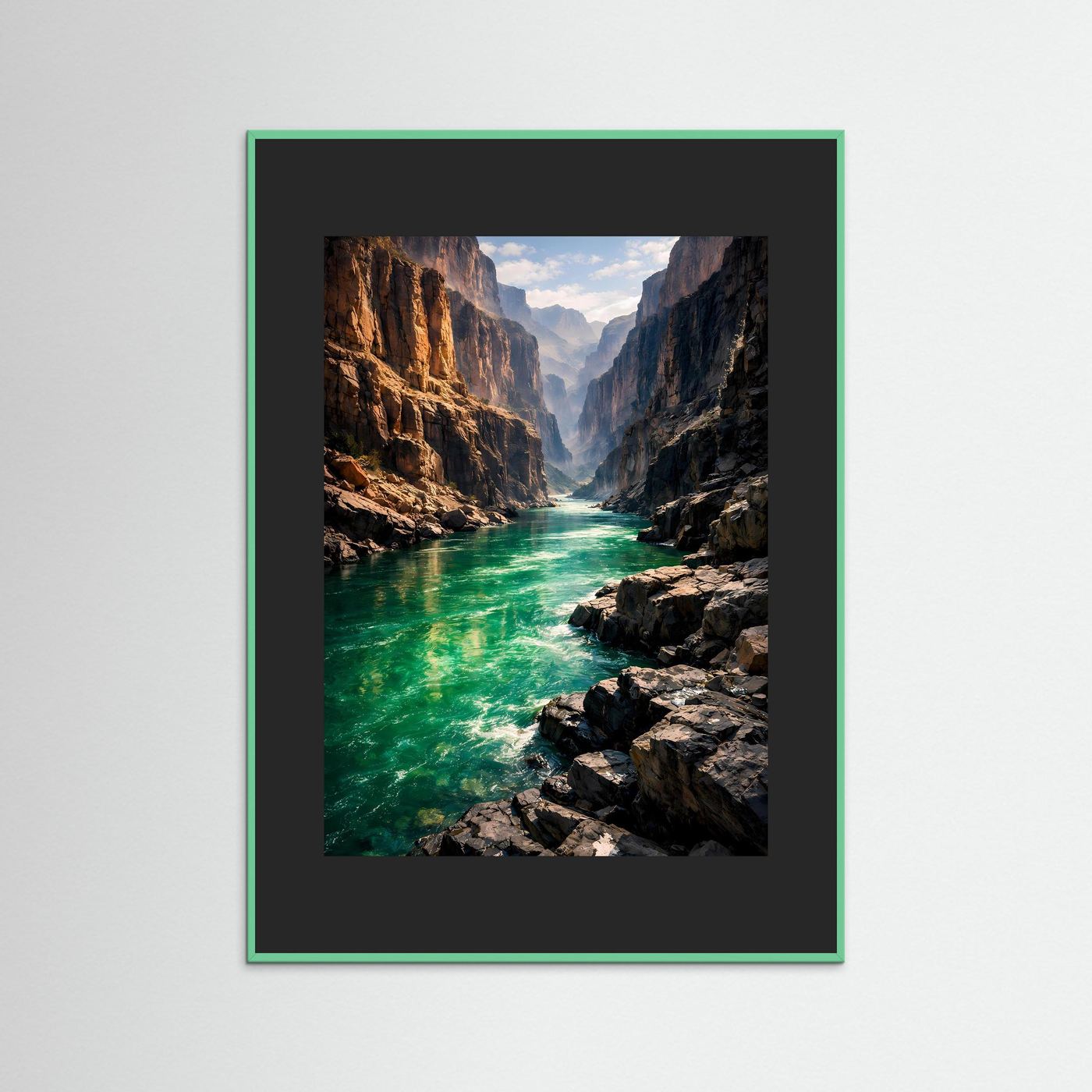 Wandbild mit Fluss in der Schlucht, türkisfarbener Holzrahmen und dunkler Rand