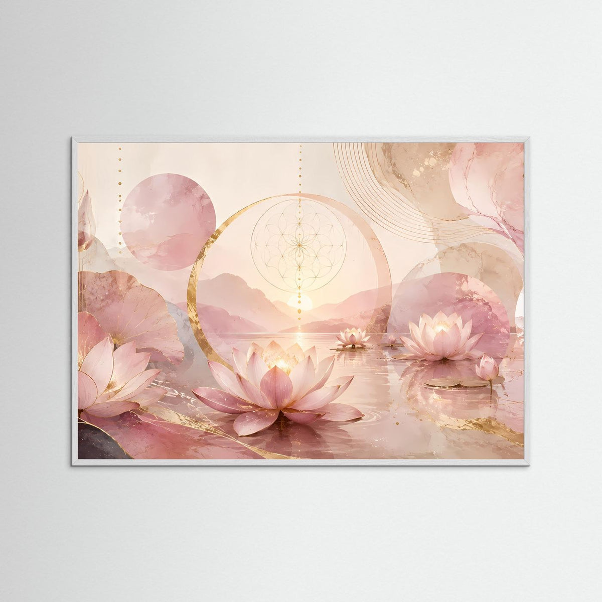 Querformat-Poster im hellen Rahmen mit Lotusblüten in Rosa und Gold, goldenen Akzenten