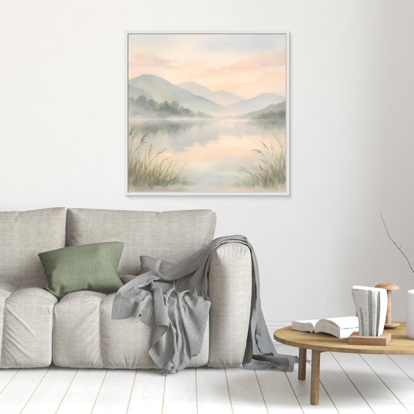 Leinwandbild: Aquarell-Landschaft mit Bergsee im Nebel und Schilf