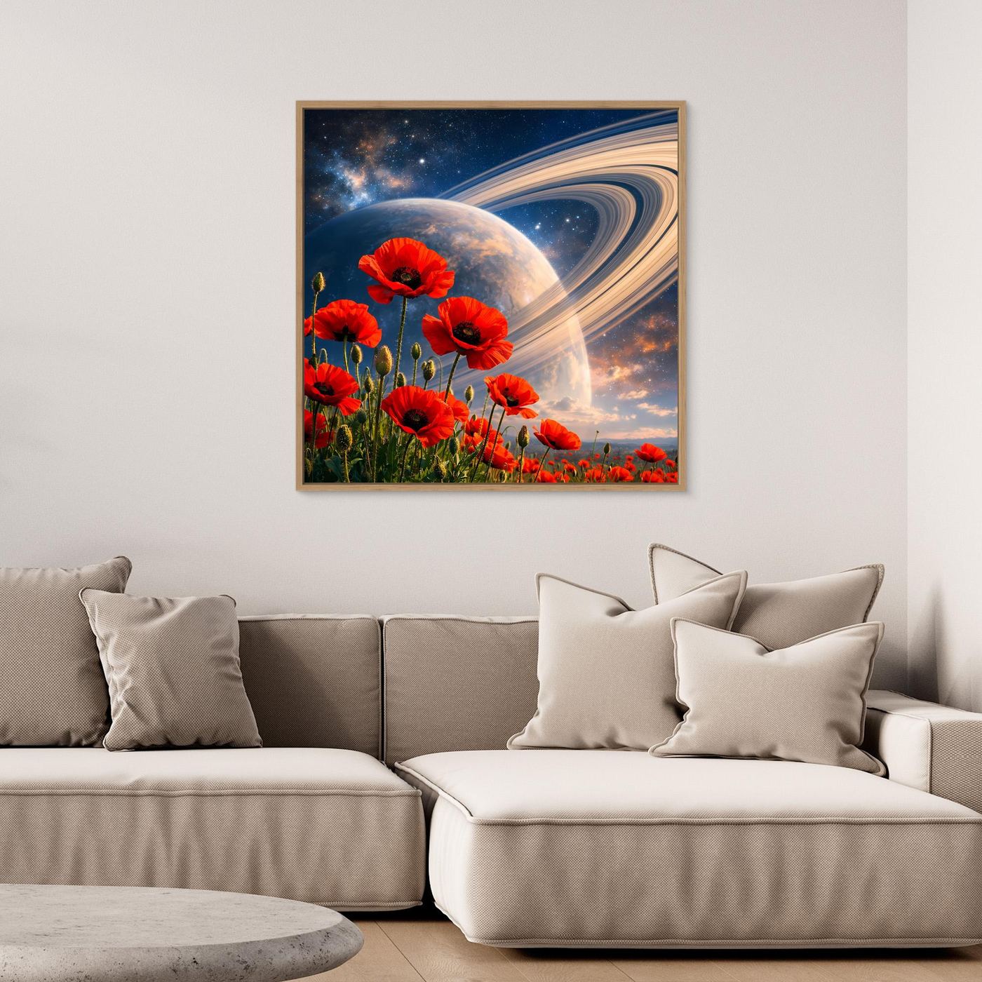 Leinwandbild mit roten Mohnblumen, Planet und Spiralnebeln, surreales Weltraumdesign