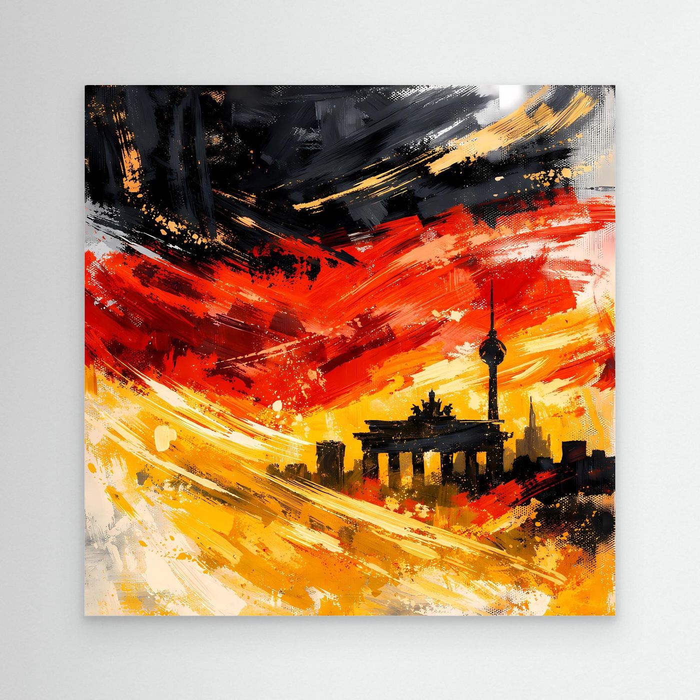 Leinwandbild Skyline Berlin, abstraktes Stadtbild mit roten und gelben Pinselstrichen