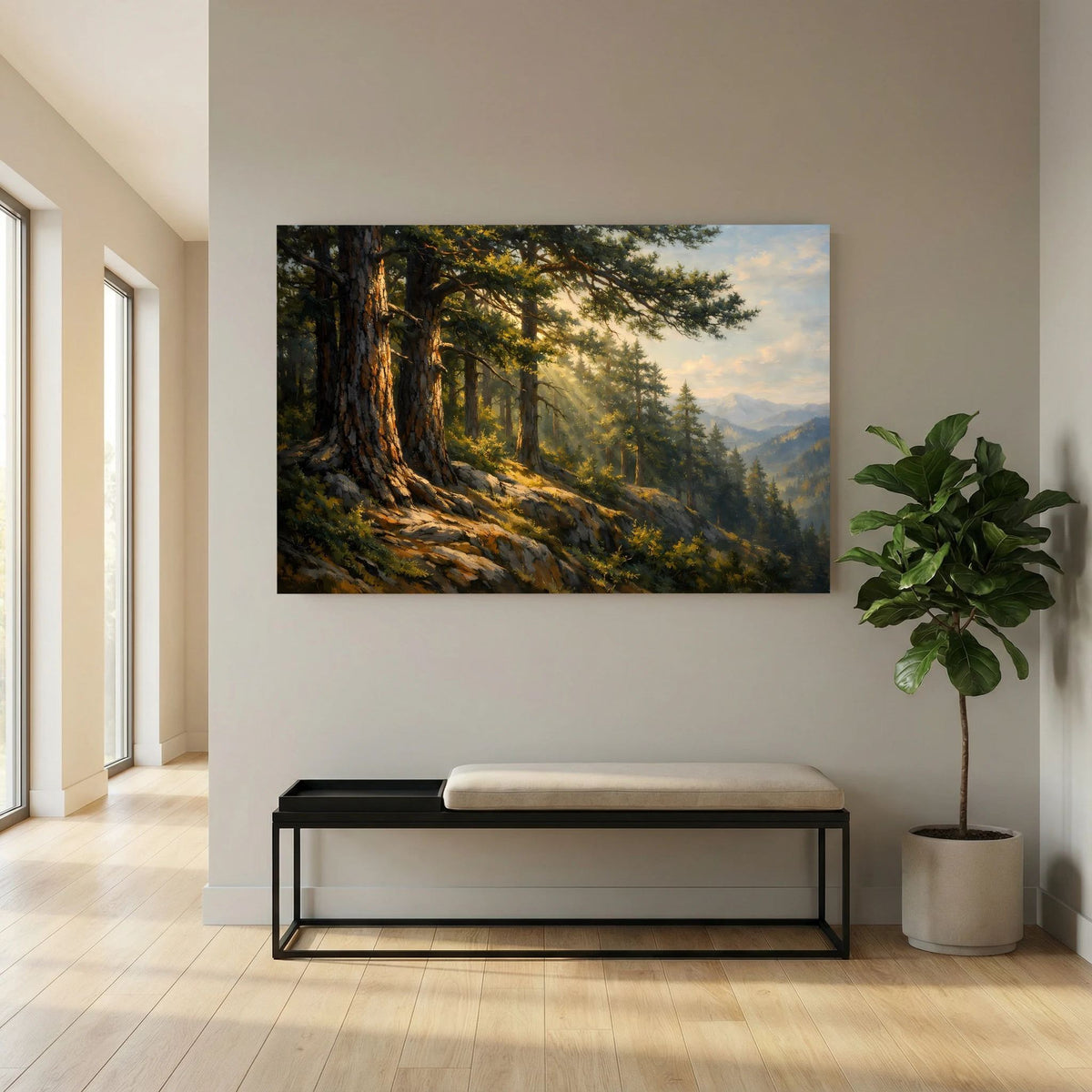 Wandbild im Querformat mit Nadelwald, Bergen und warmem Licht im Wald