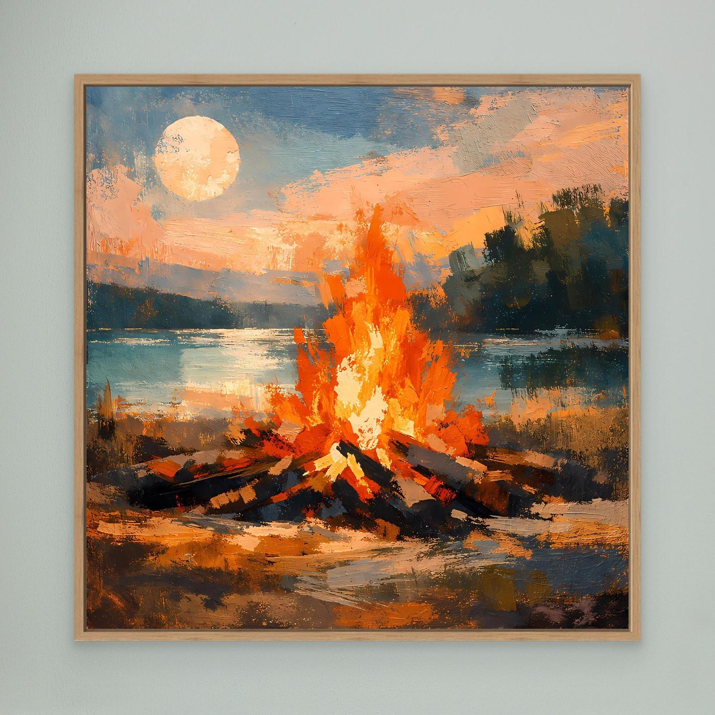 Leinwand-Wandbild mit Lagerfeuer am See im Eichenrahmen