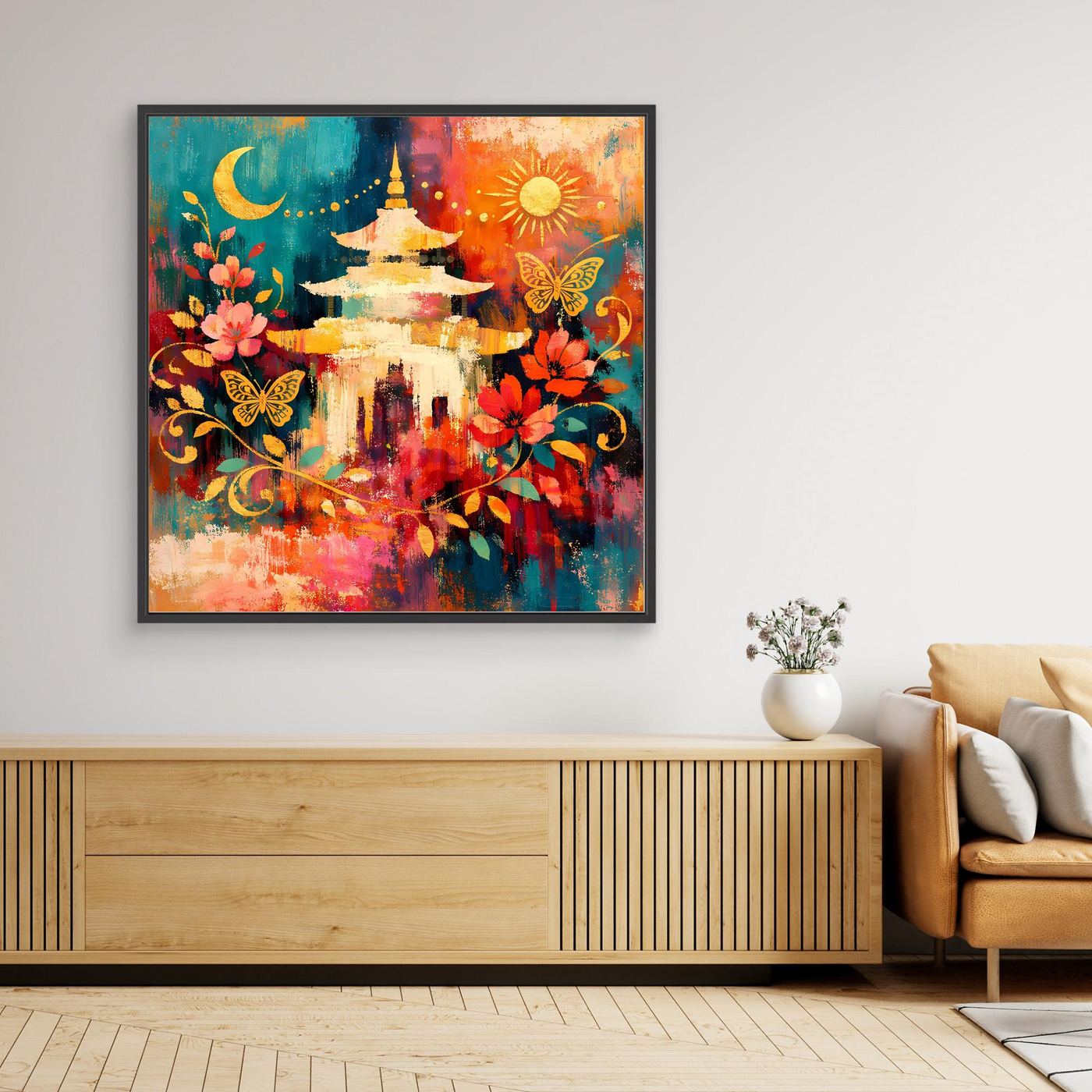 Leinwand-Wandbild mit goldfarbener Pagode, Blumen und Schmetterling; schwarzer Rahmen