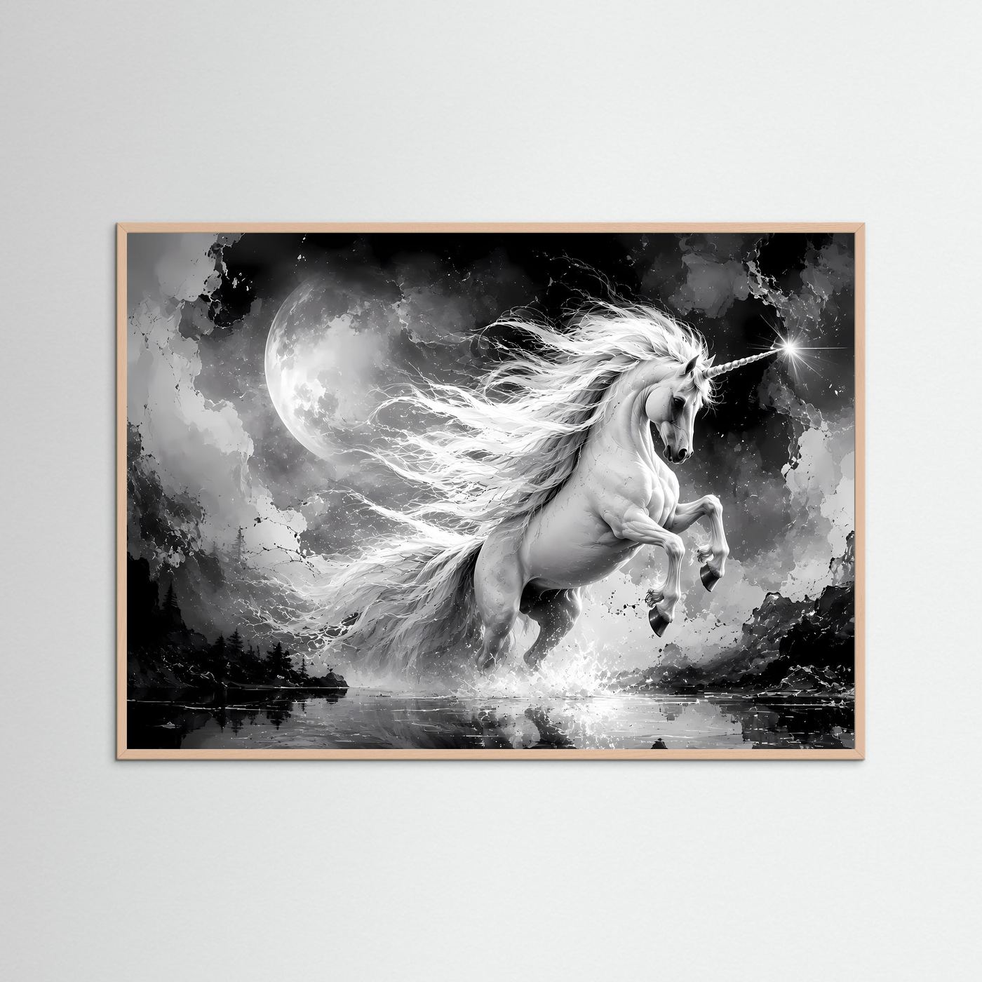 Wandkunst Einhorn im Mondlicht mit Rosenholzrahmen, schwarzweiße Fantasy-Szene