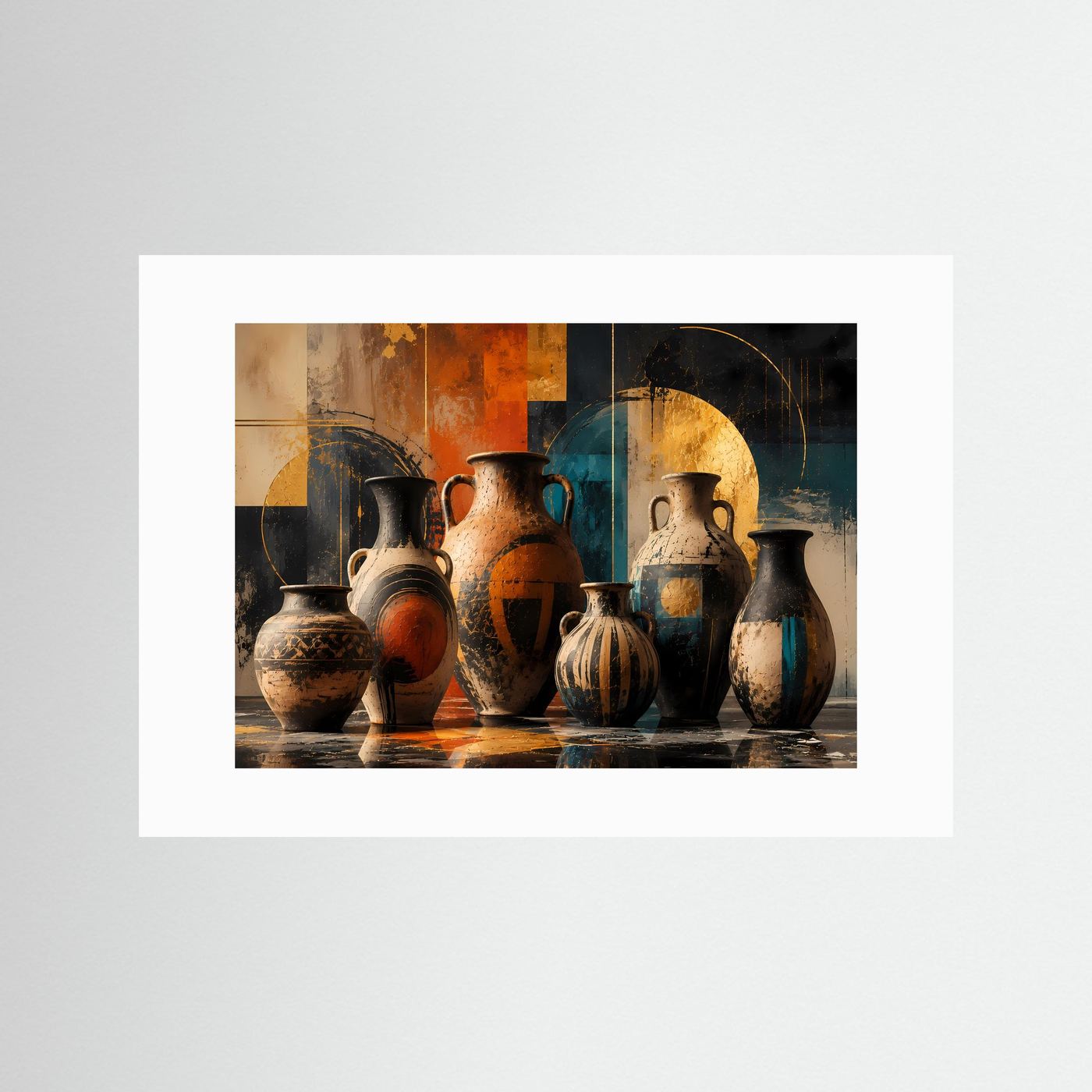 Abstrakte Keramik Vasen Poster | Moderne Amphoren Wandkunst in Terrakotta Blau Gold | Minimalistische Wohnraum Deko