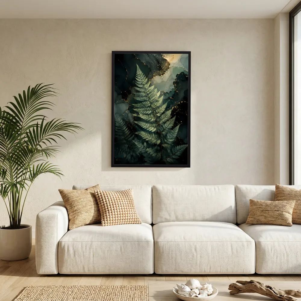 Kunstposter mit Farnmotiv in Dunkelgrün und Gold, schwarz gerahmt, Hochformat