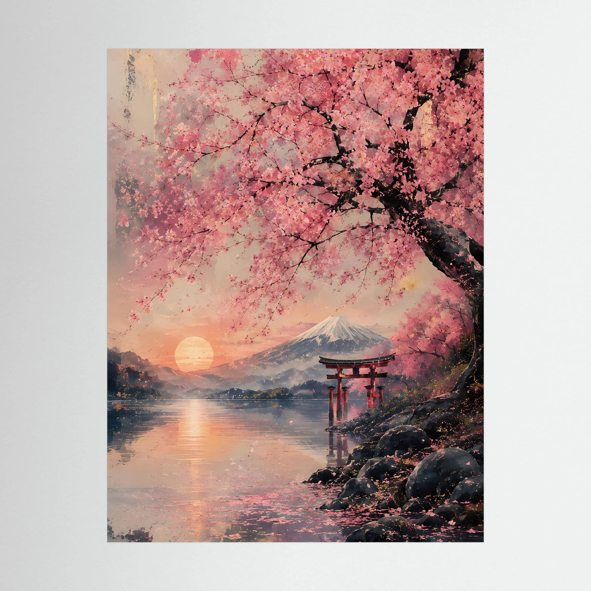 Poster (unrahmt) mit Kirschblüten, Torii und Fuji über See bei Sonnenuntergang