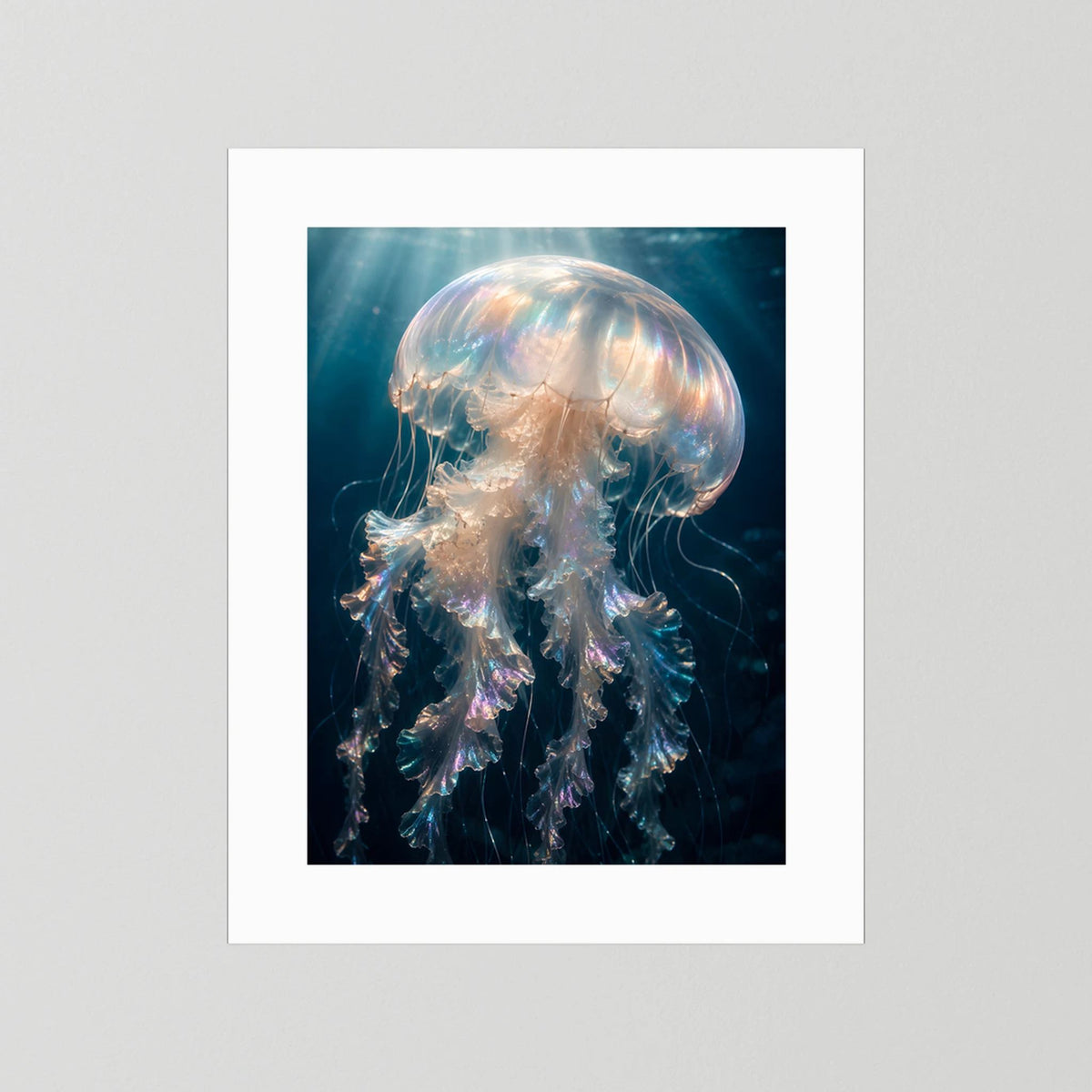Kunstposter im Hochformat mit leuchtender Qualle, weiß umrandet