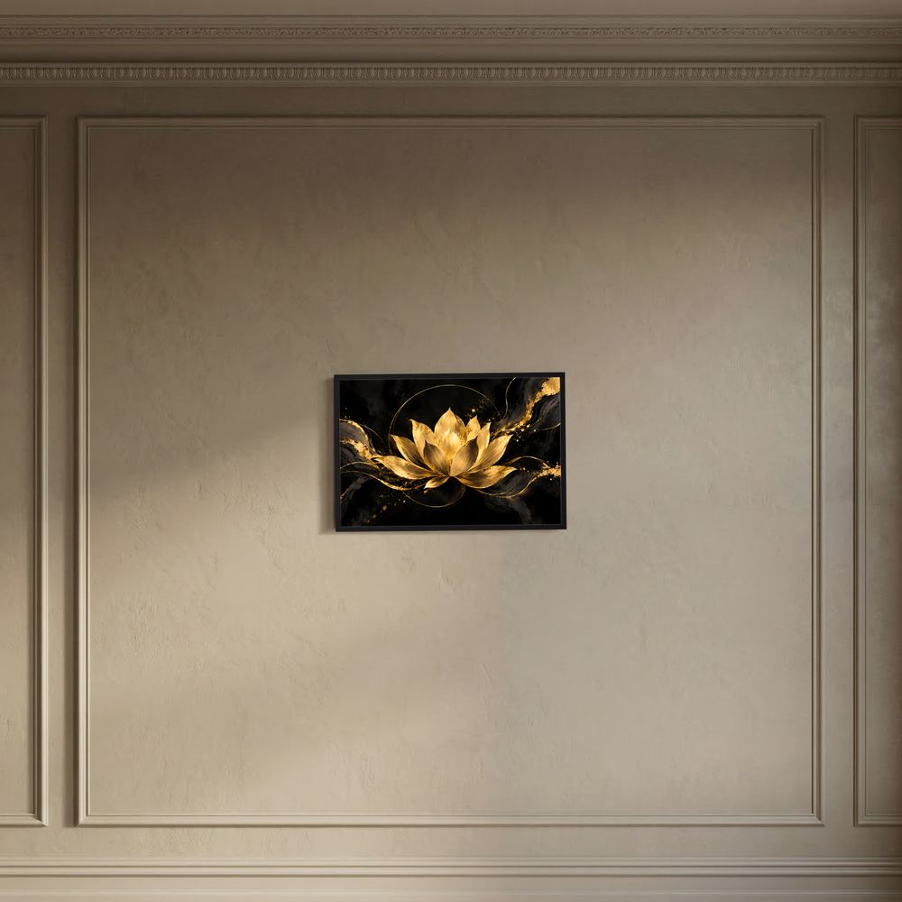 Wandposter mit goldener Lotusblüte, dunklem Hintergrund, kleiner schwarzer Rahmen