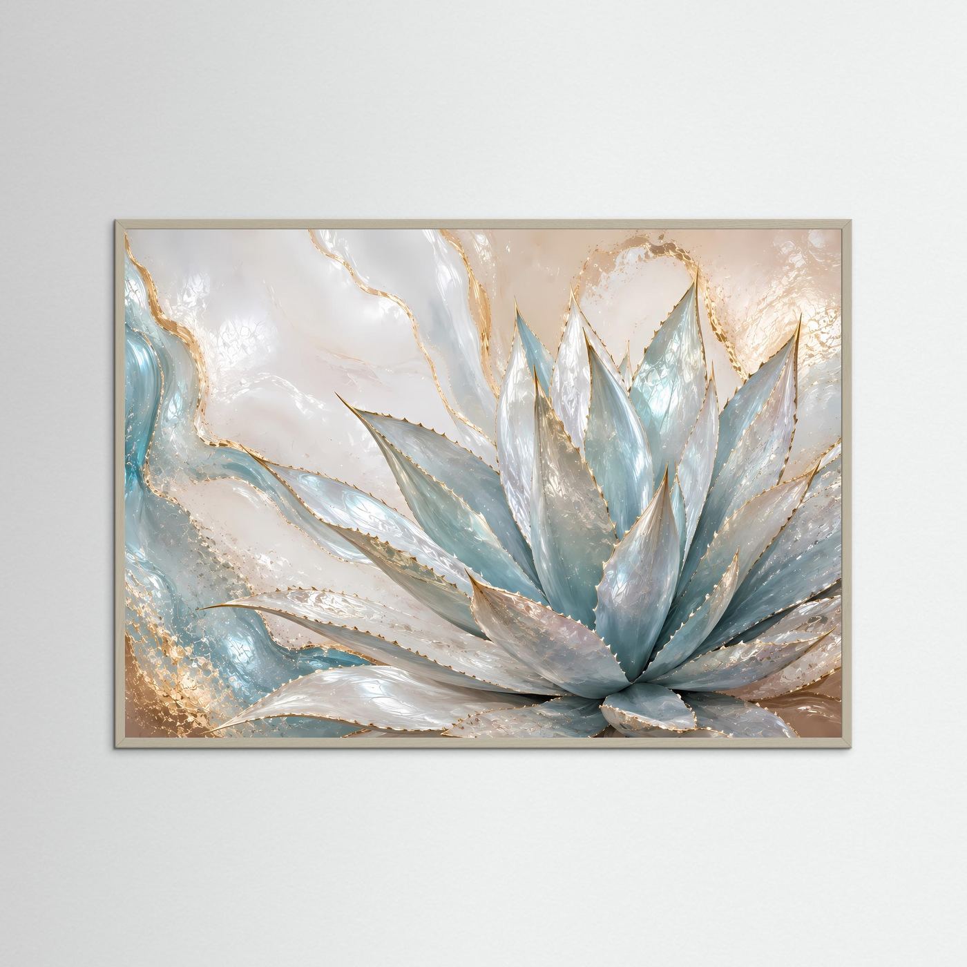Poster mit abstrakter Agave in Blau, Creme und Perlmutt-Gold im grauen Rahmen, Querformat