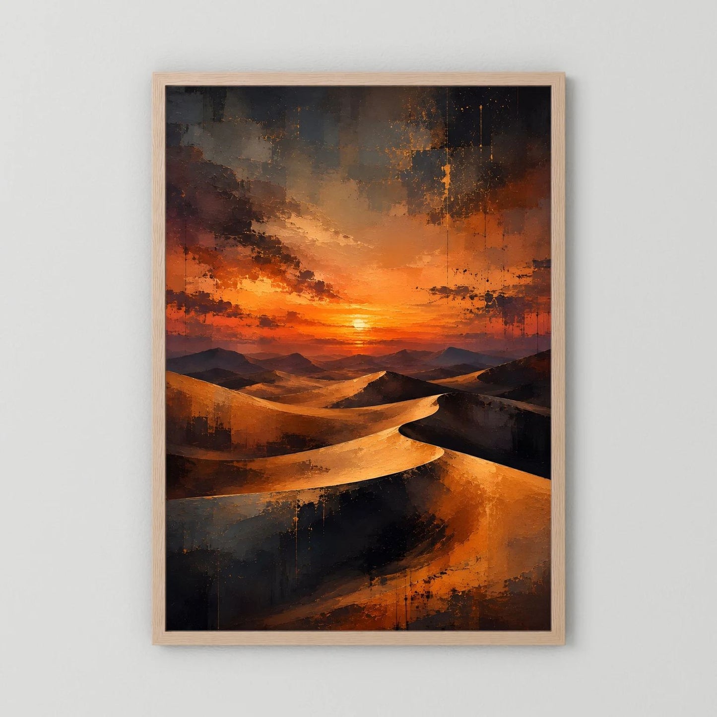 Wandposter mit abstrakten Sanddünen im Sonnenuntergang, Holzrahmen, helles Braun