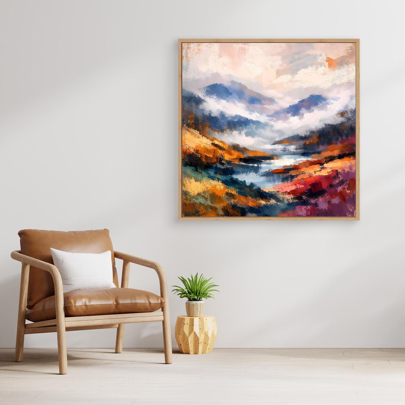 Abstraktes Leinwand-Wandbild mit Berglandschaft und Flusslauf, hellbraun gerahmt