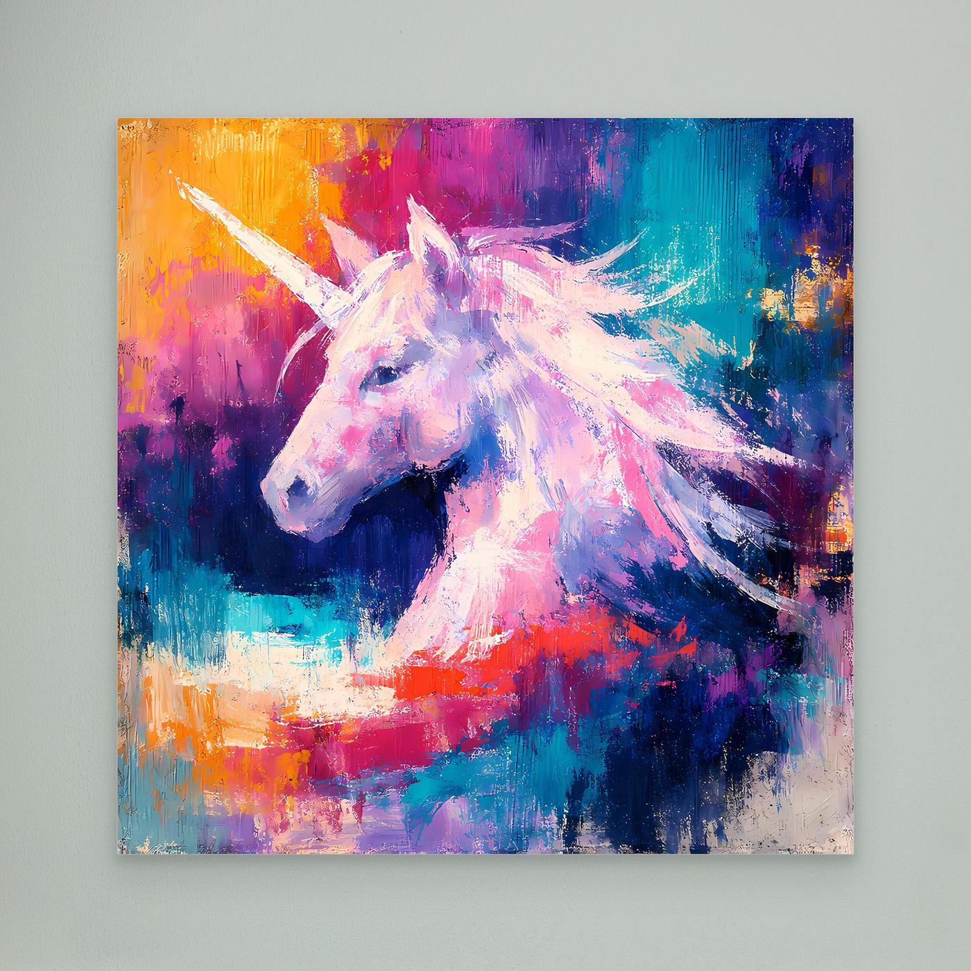 Leinwand Elegantes Einhorn im Farbenmeer | Abstraktes Fantasy & Pastell Wandbild