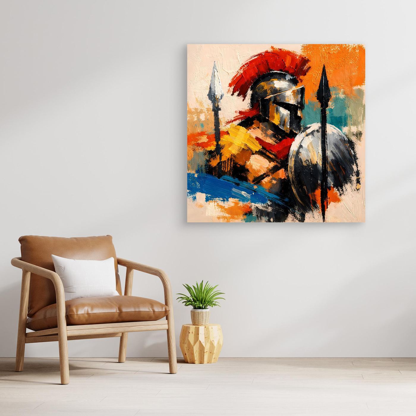Abstract gladiator canvas wall art with helmet, spear, and shield in red, yellow, blue, black