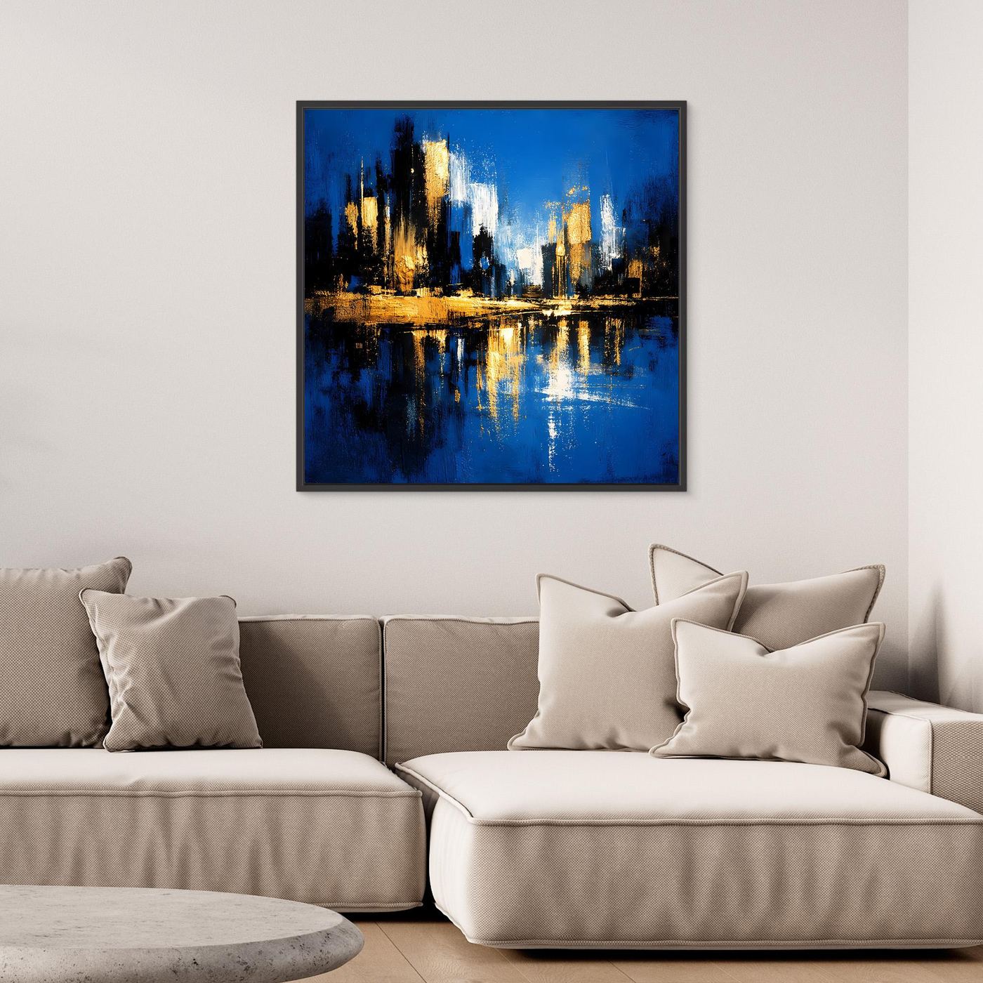 Leinwand Abstrakte Skyline in Blau und Gold | Modernes Großstadt Wandbild mit Spiegelung