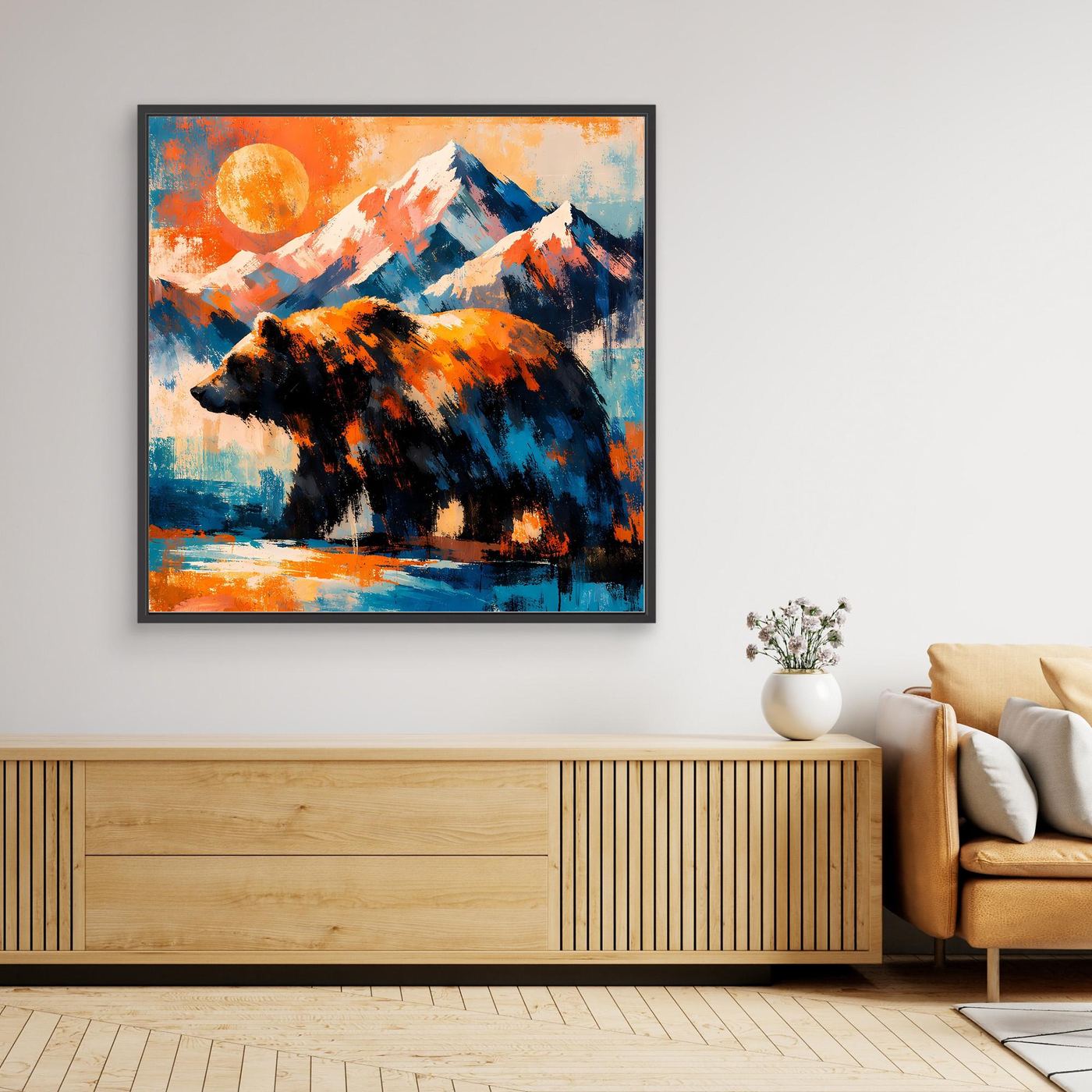 Gerahmtes Leinwand-Wandbild: abstrakter Grizzlybär vor Berglandschaft, schwarzer Rahmen