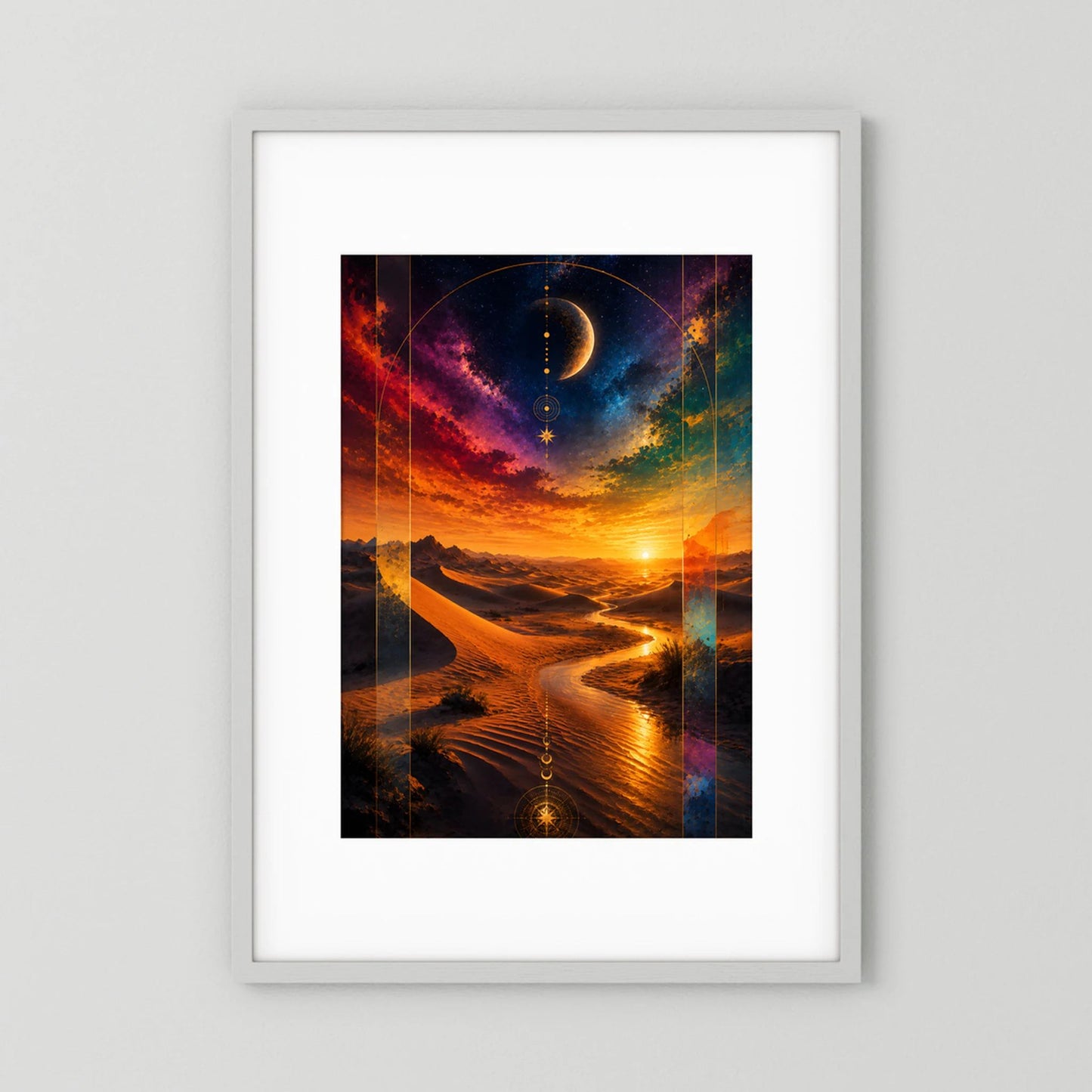 Hochformatiges Poster im Rahmen mit Wüstenlandschaft, gebogenem Mond und goldenem Sonnenuntergang