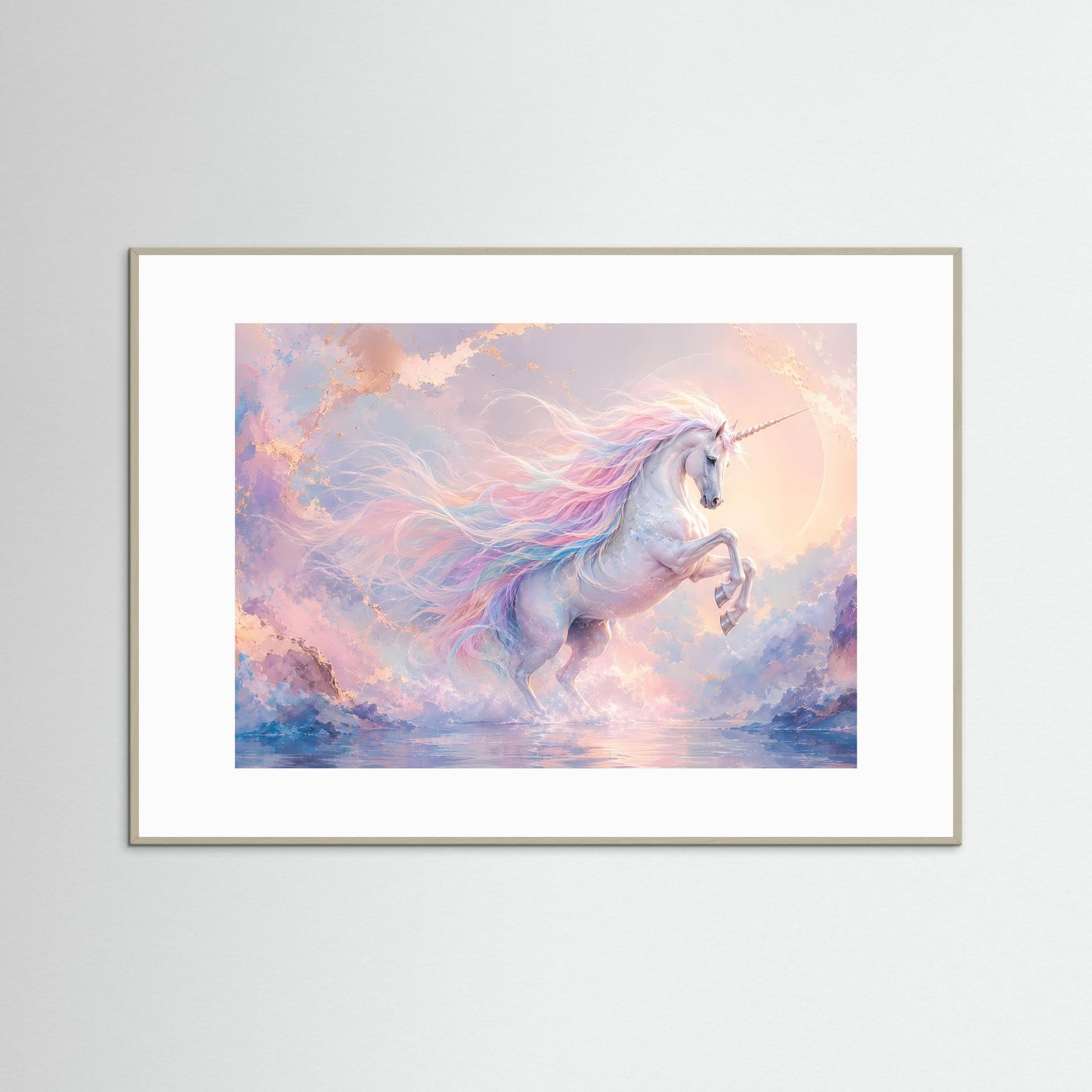 Magisches Einhorn in Pastell | Fantasie Wandbild in Rosa, Blau & Gold