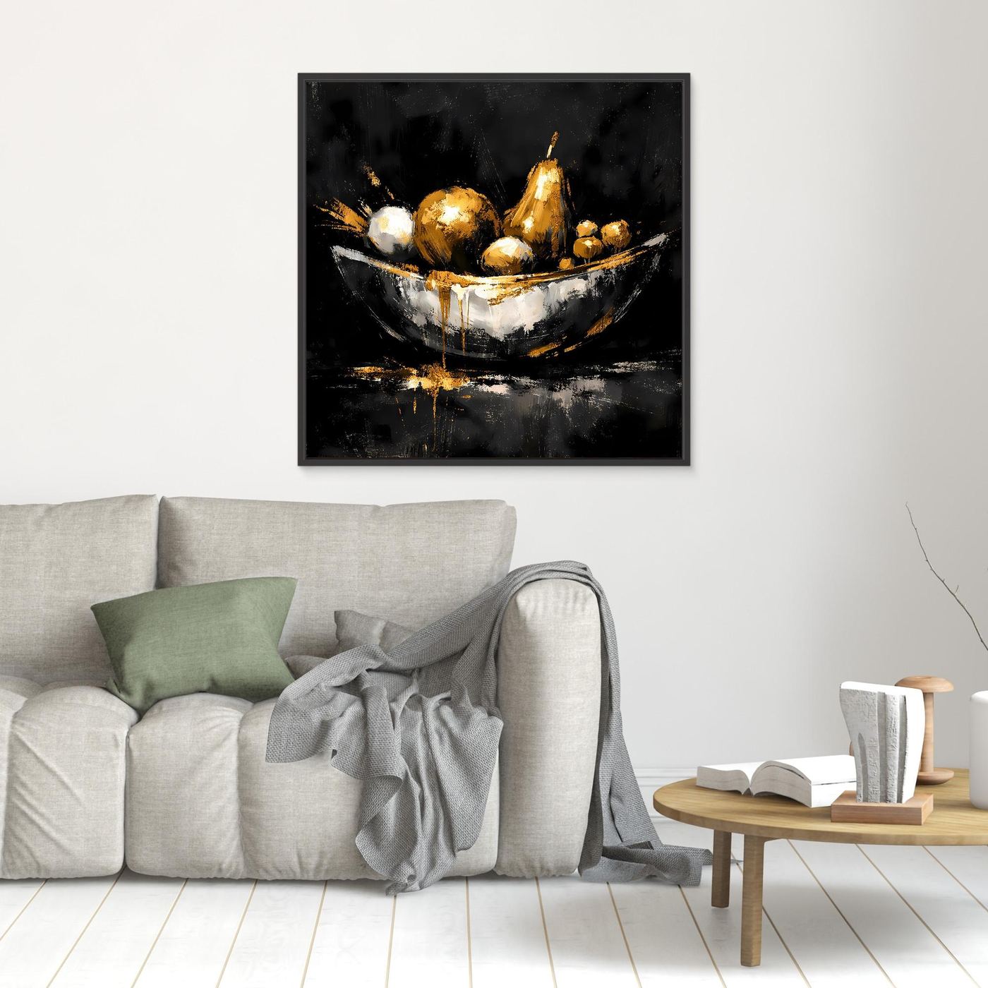 Leinwand Elegante Obstschale in Gold und Silber | Modernes Luxus Stillleben Wandbild