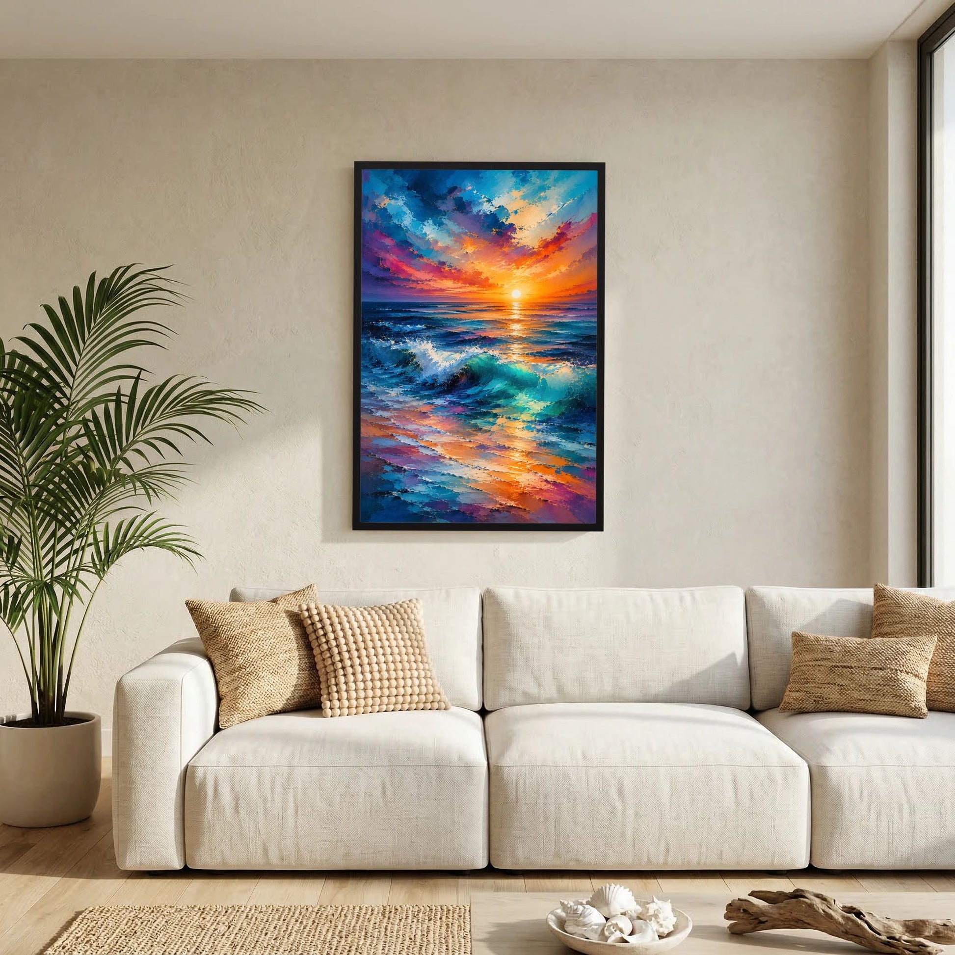 Hochformat-Poster im schwarzen Rahmen mit farbigen Wellen beim Sonnenuntergang am Meer