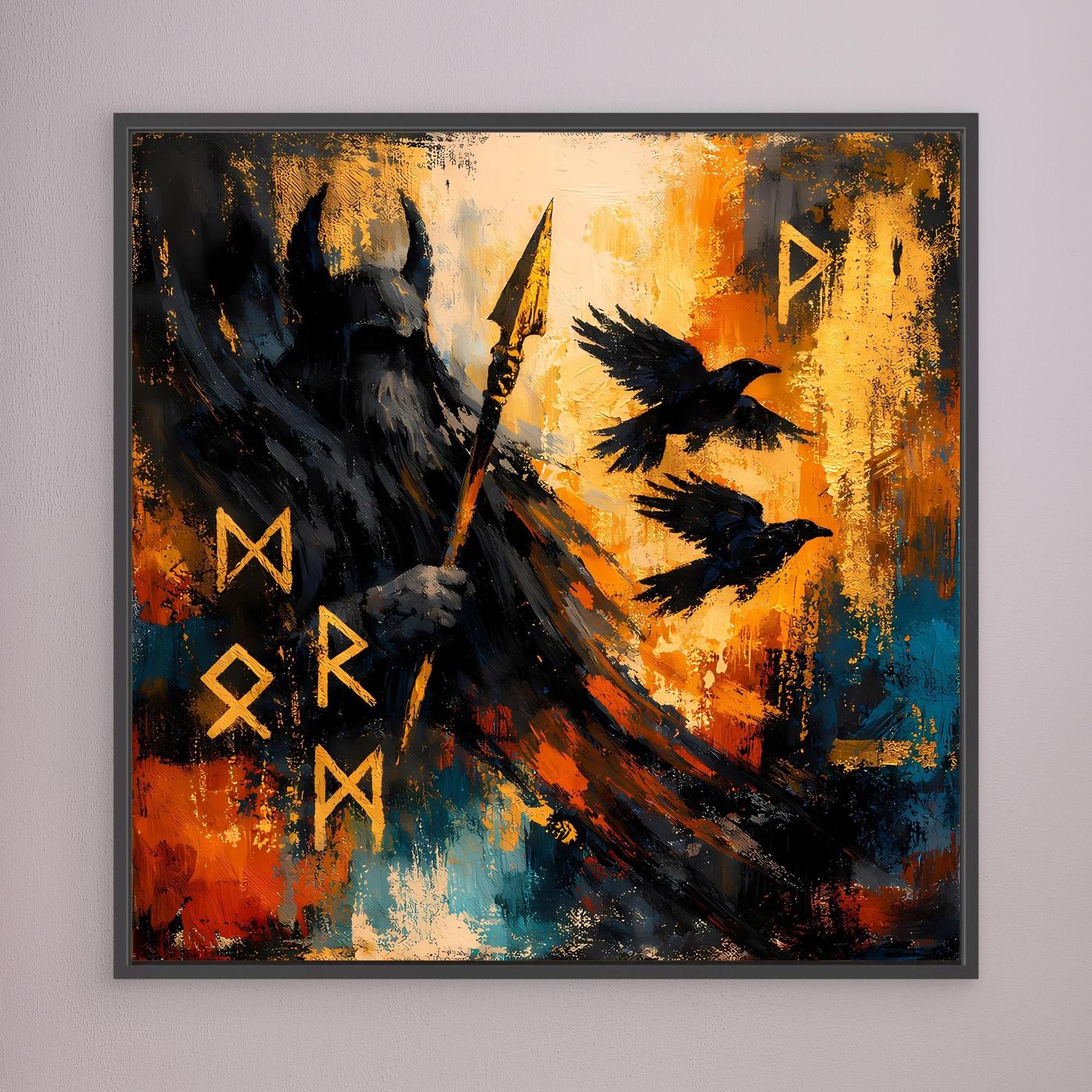Abstraktes Wandbild mit Odin-Silhouette, Speer und Runen, schwarzer Rahmen