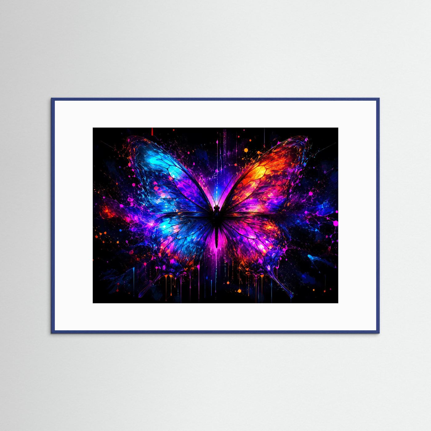 Neon-Schmetterling-Wandposter, Blau-Pink-Orange, blauer Rahmen
