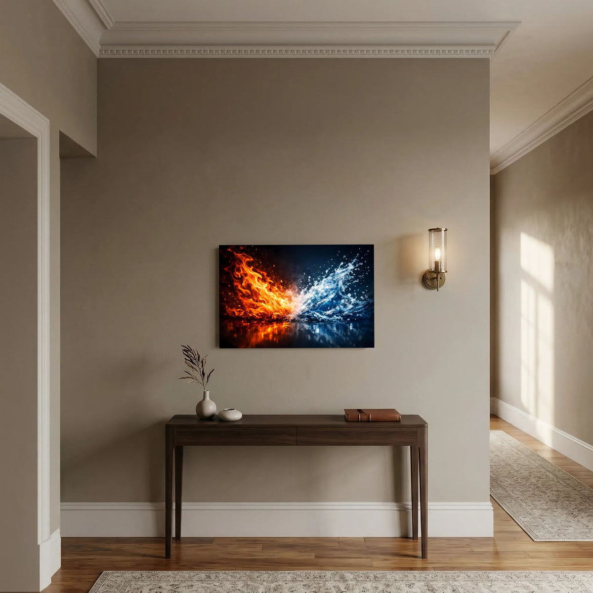 Querformatiges Kunstposter mit abstraktem Feuer-und-Wasser-Motiv, zentriert, mit Rahmen
