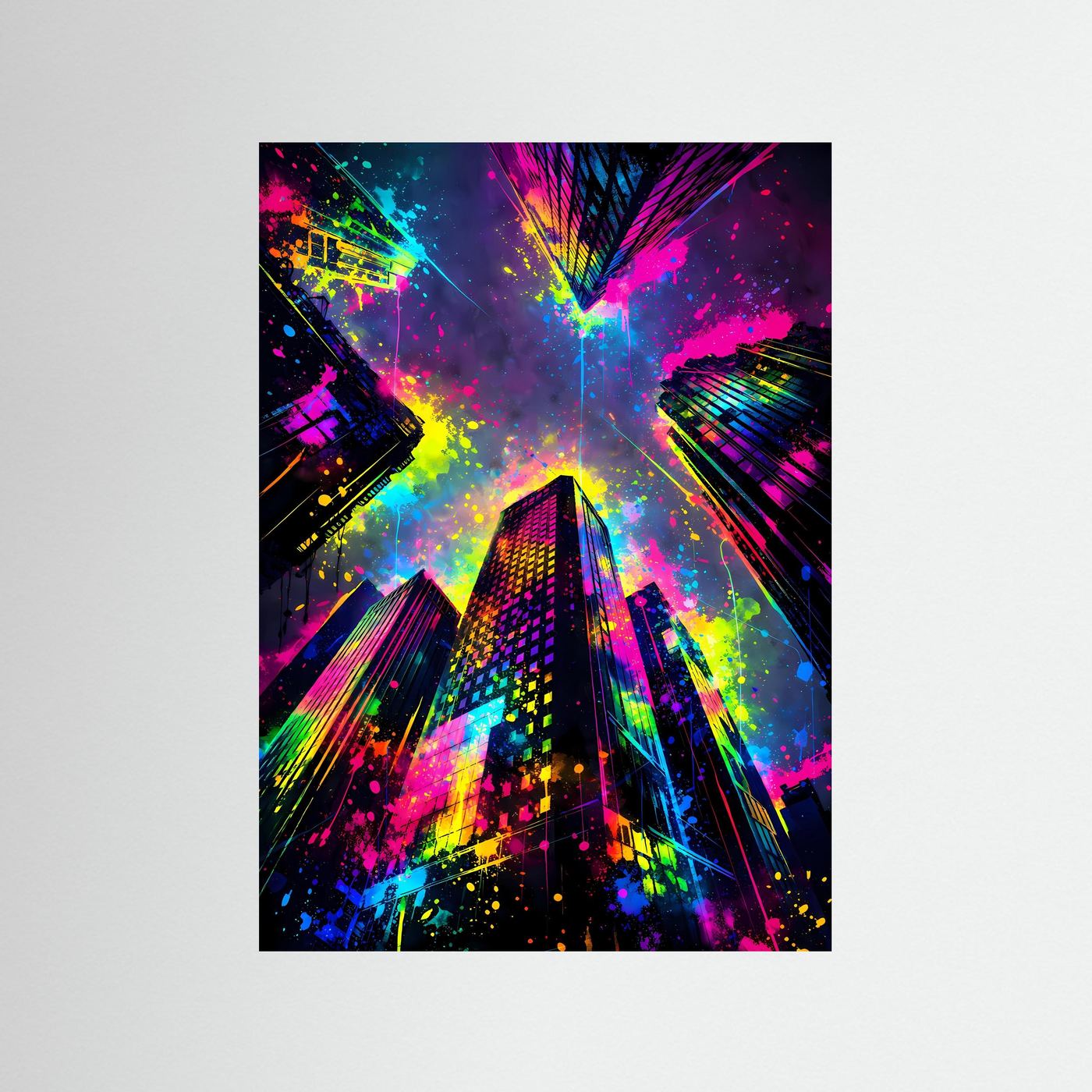 Urbane Farbexplosion | Abstraktes Wolkenkratzer Poster aus der Froschperspektive | Modernes Skyline Kunstposter Hochformat