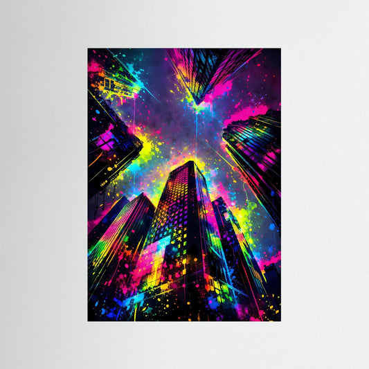 Urbane Farbexplosion | Abstraktes Wolkenkratzer Poster aus der Froschperspektive | Modernes Skyline Kunstposter Hochformat
