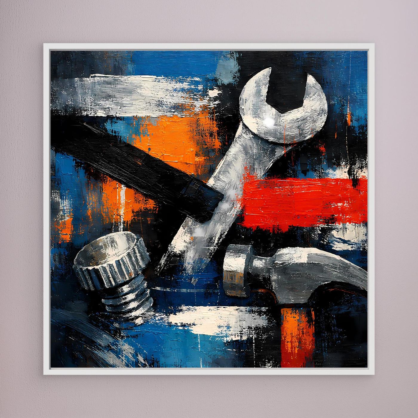 Framed abstract tool wall art canvas with wrench and tools in blue, orange and red.