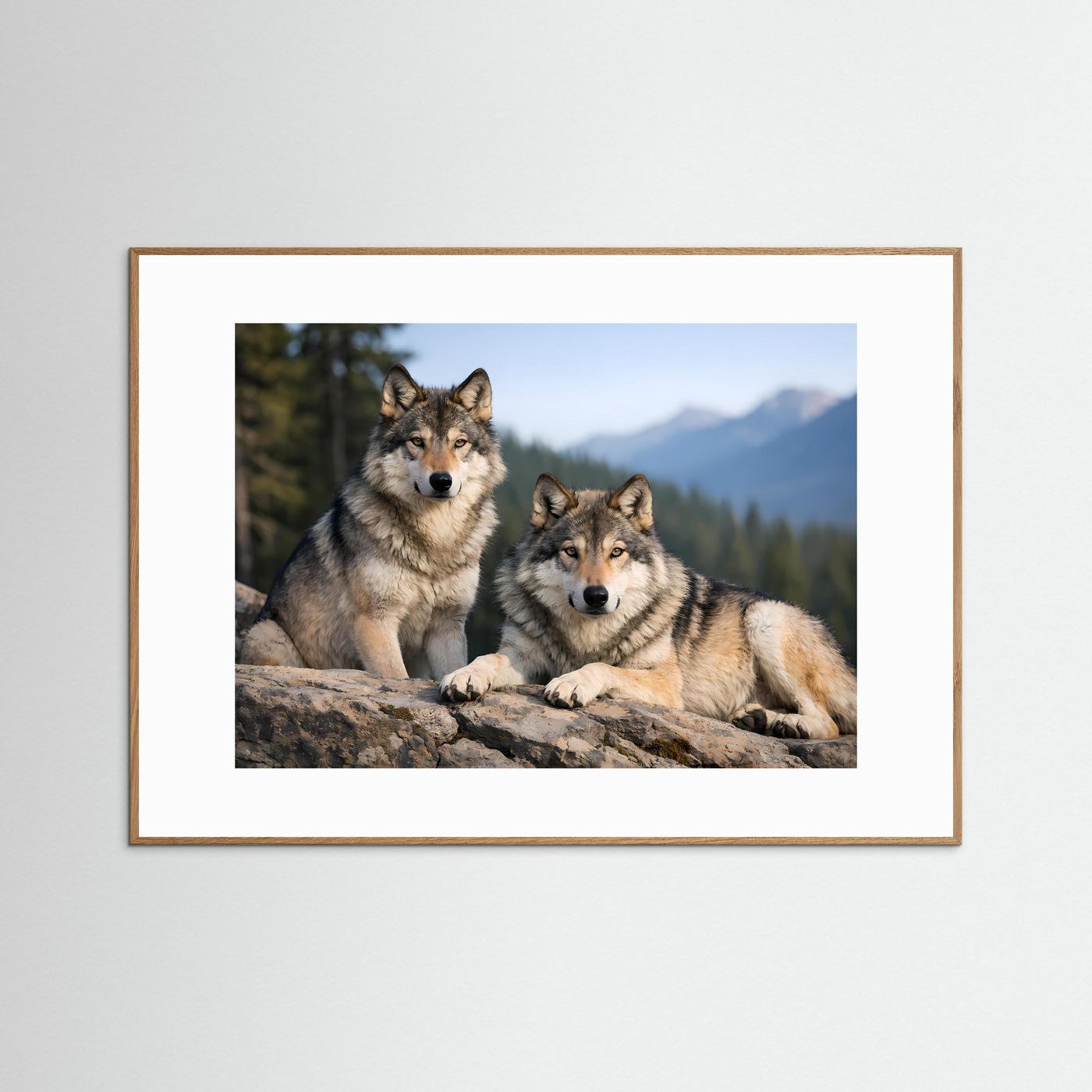 Poster mit Wolfspaar im Gebirge, querformatig, im naturfarbenen Holzrahmen.