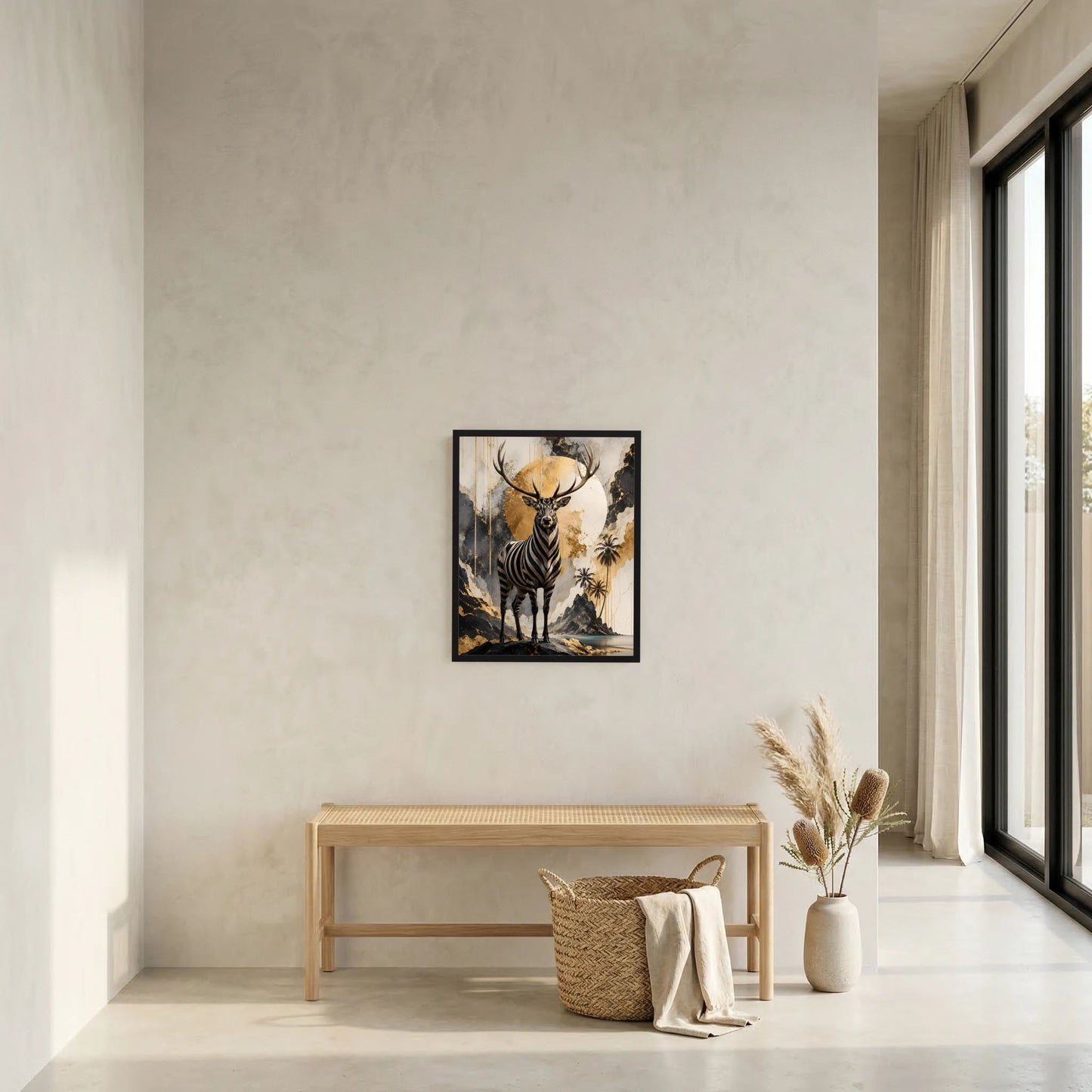 Hochformatiges Kunstposter mit Zebra-Hirsch im schwarzen Rahmen, goldener Mondscheibe und Antilopengeweih