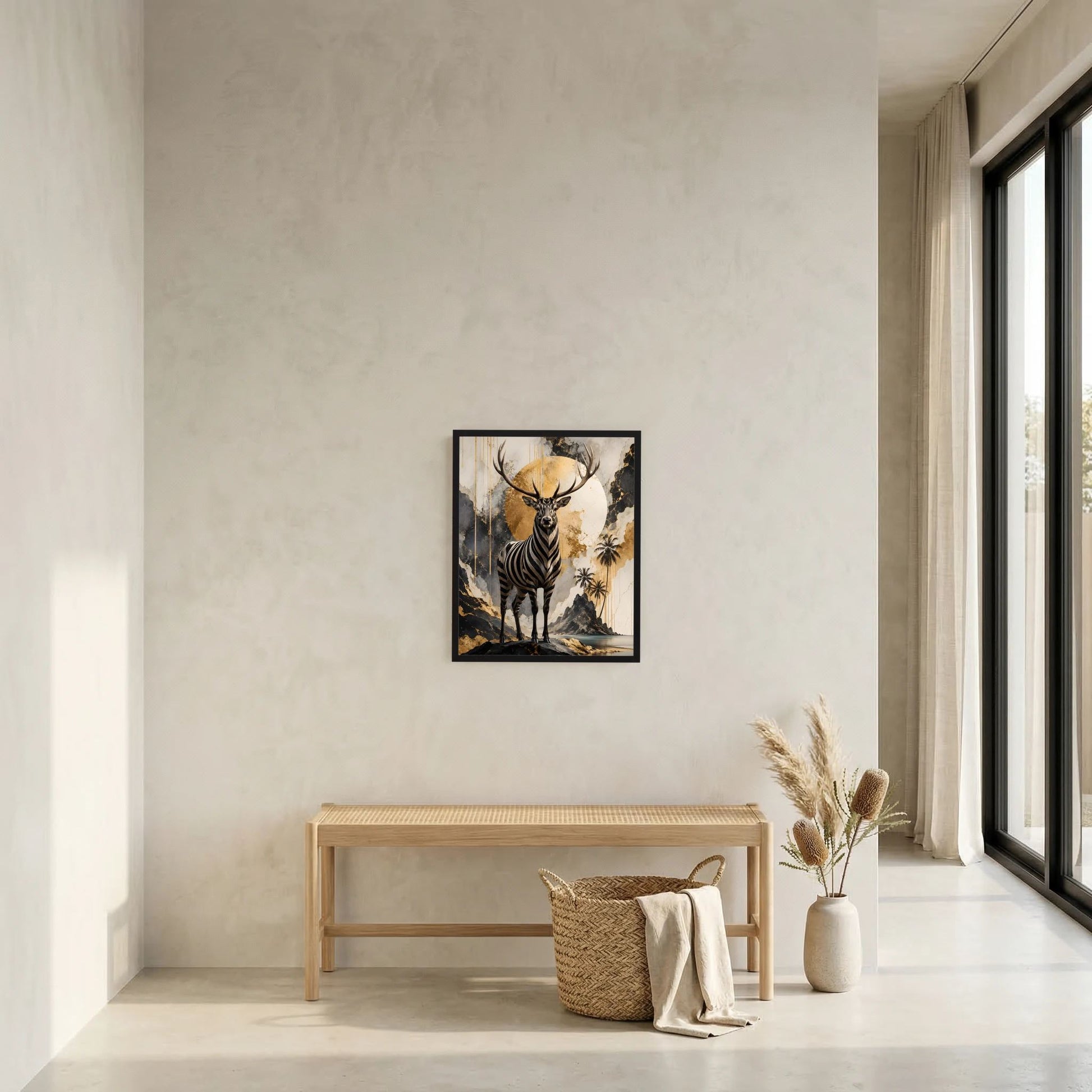 Hochformatiges Kunstposter mit Zebra-Hirsch im schwarzen Rahmen, goldener Mondscheibe und Antilopengeweih