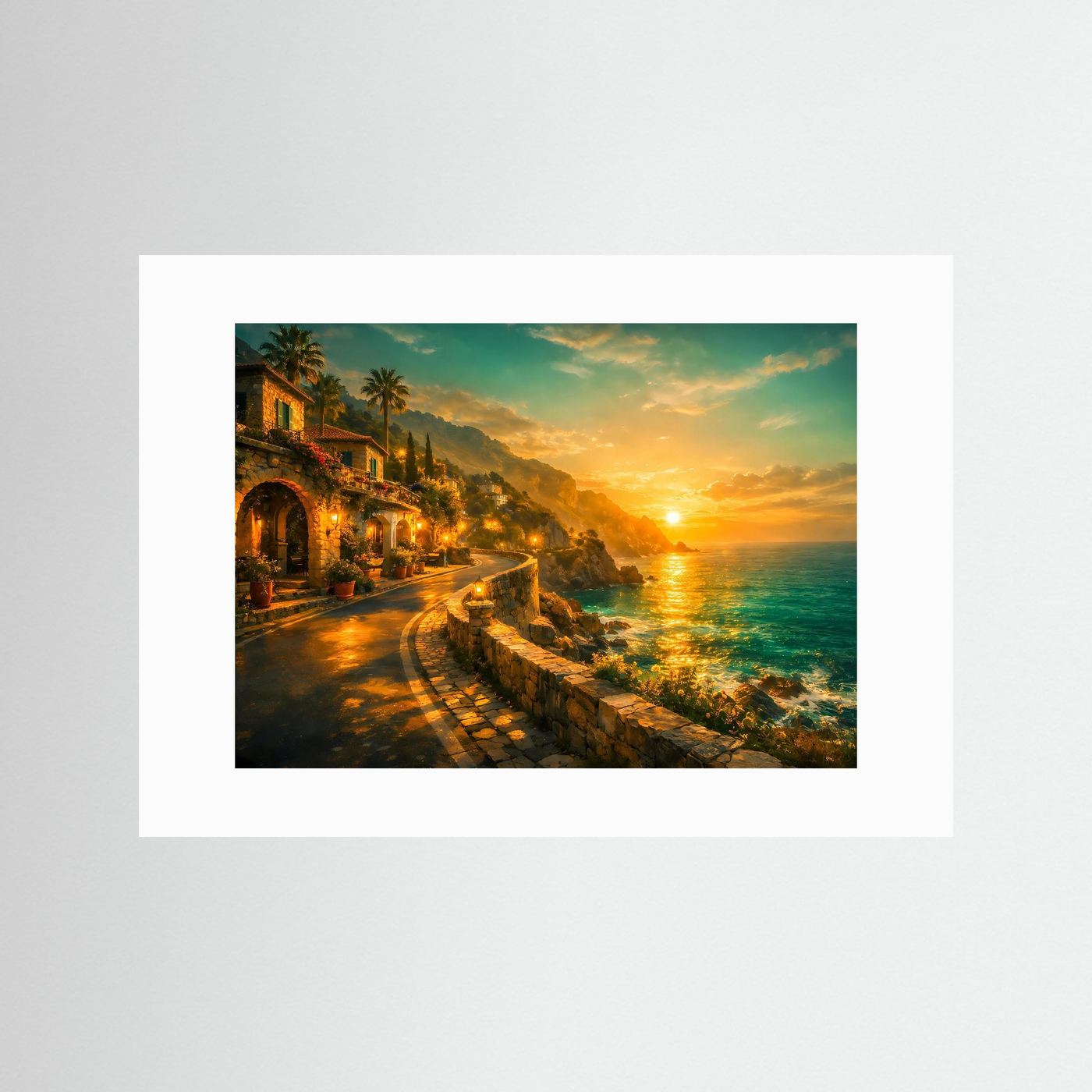 Wandbild Küstenweg bei Sonnenuntergang, weiß eingefasst