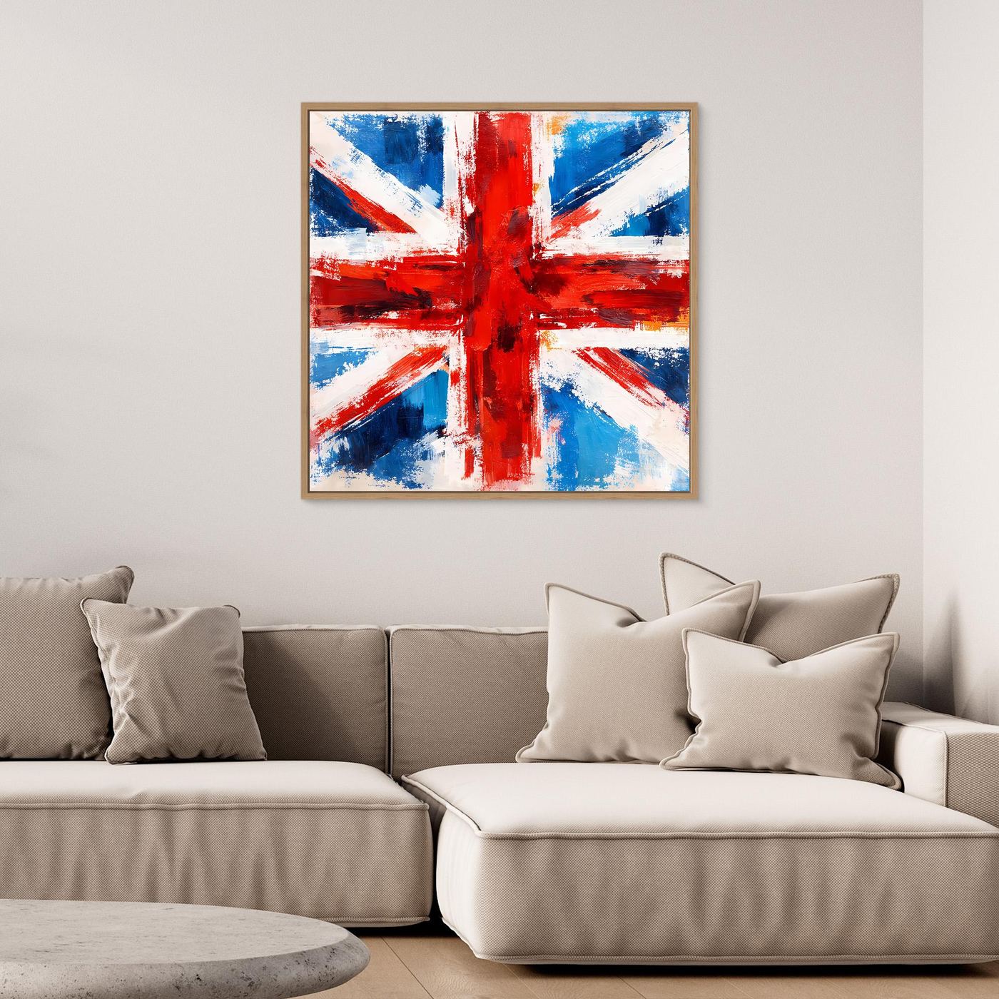 Abstract Union Jack wall art in oak frame, blue and red cross with white brush marks