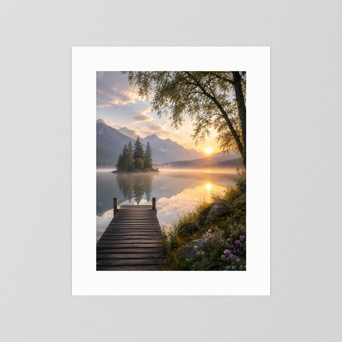 Bergsee mit Holzsteg | Sonnenuntergang in ruhiger Berglandschaft | Poster Hochformat