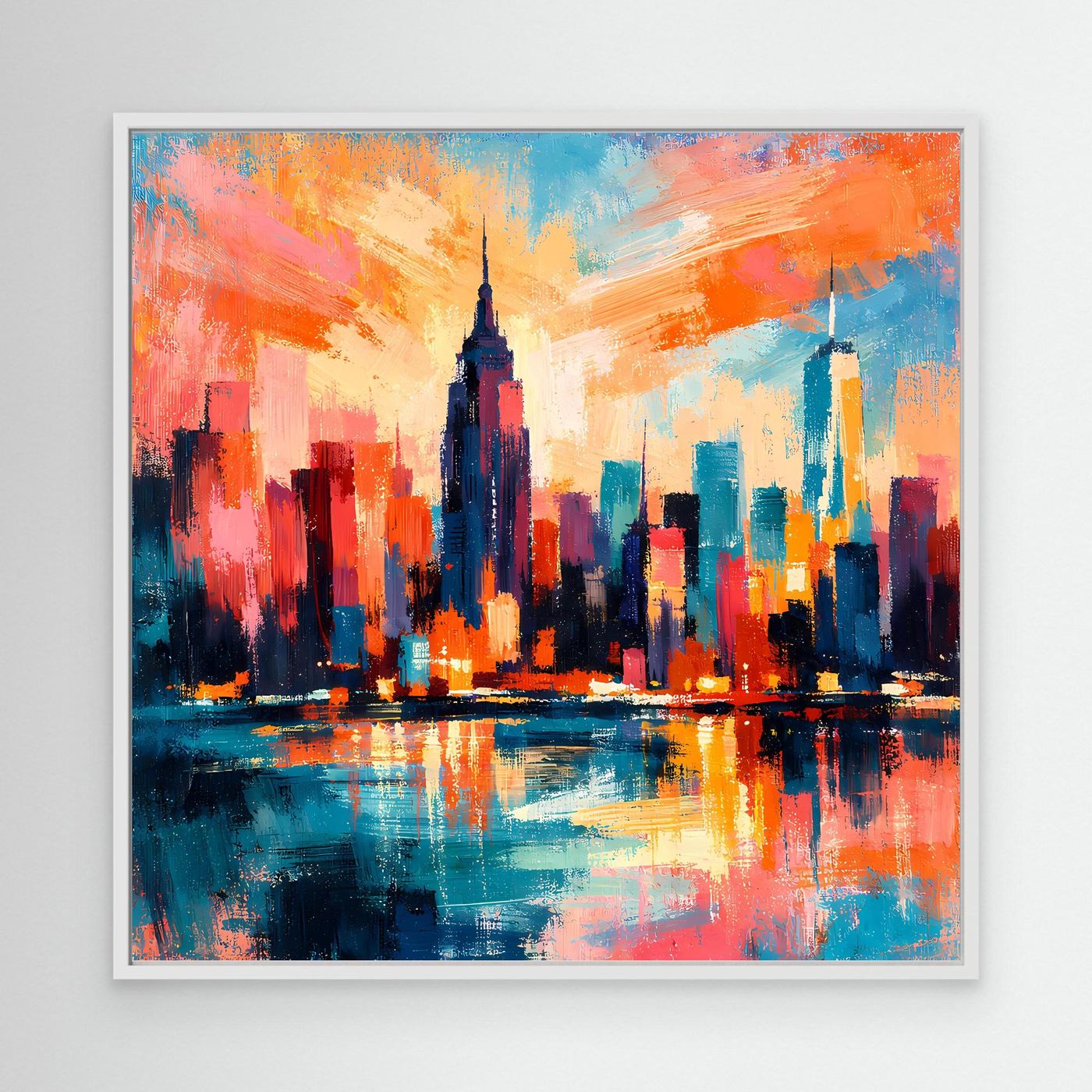 Gerahmtes Leinwandbild Skyline mit Spiegelung, orange und blau, weißer Rahmen