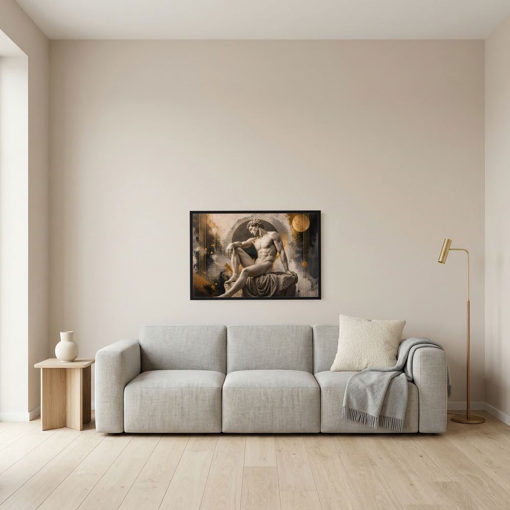 Antikes Statuen-Poster: männlicher Akt in Gold/Beige, Querformat, schwarzer Bilderrahmen