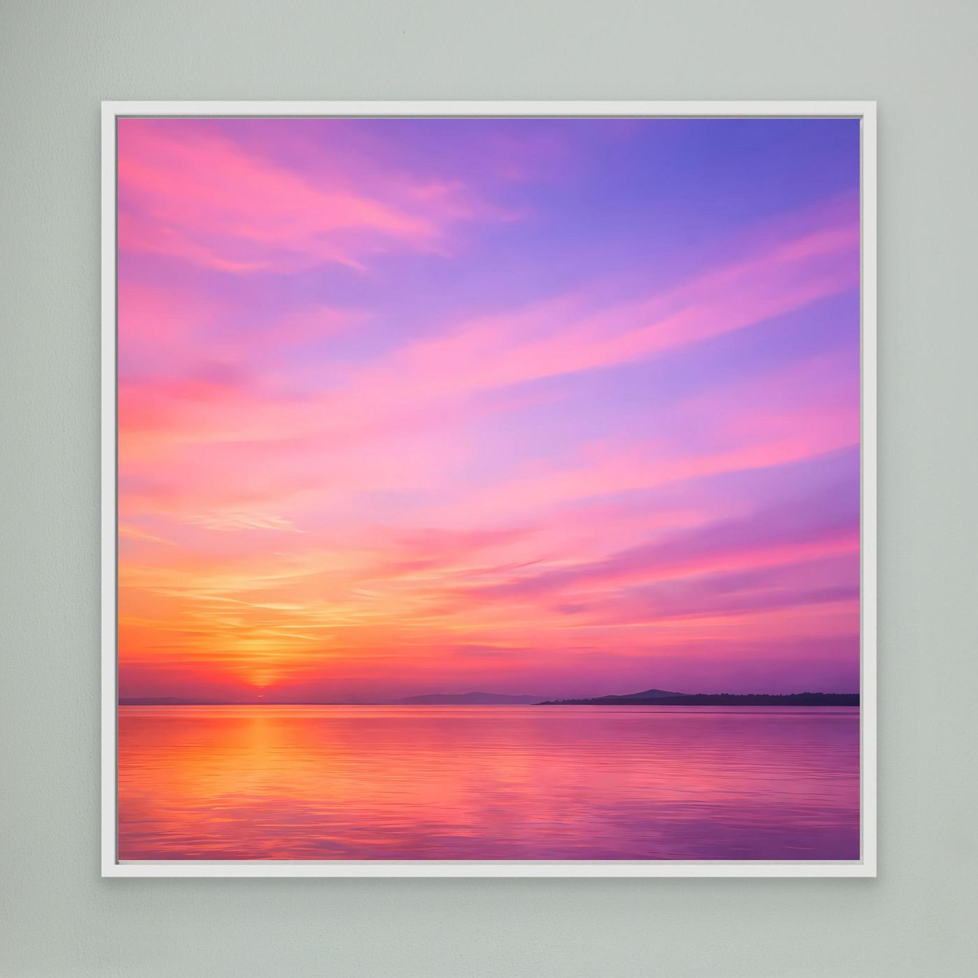 Leinwandbild mit Pastell-Sonnenuntergang am Meer, mit weißem Rahmen